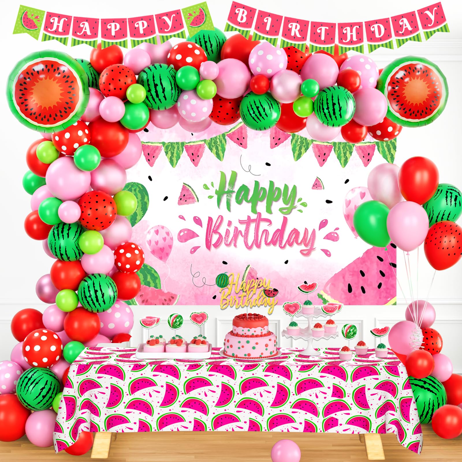 100 PCs Watermelon Party Decorations, Hombae Watermelon Birthday Decorations Backdrop Balloon Garland Banner Tablecloth Cake Cupcake Topper Sweet
