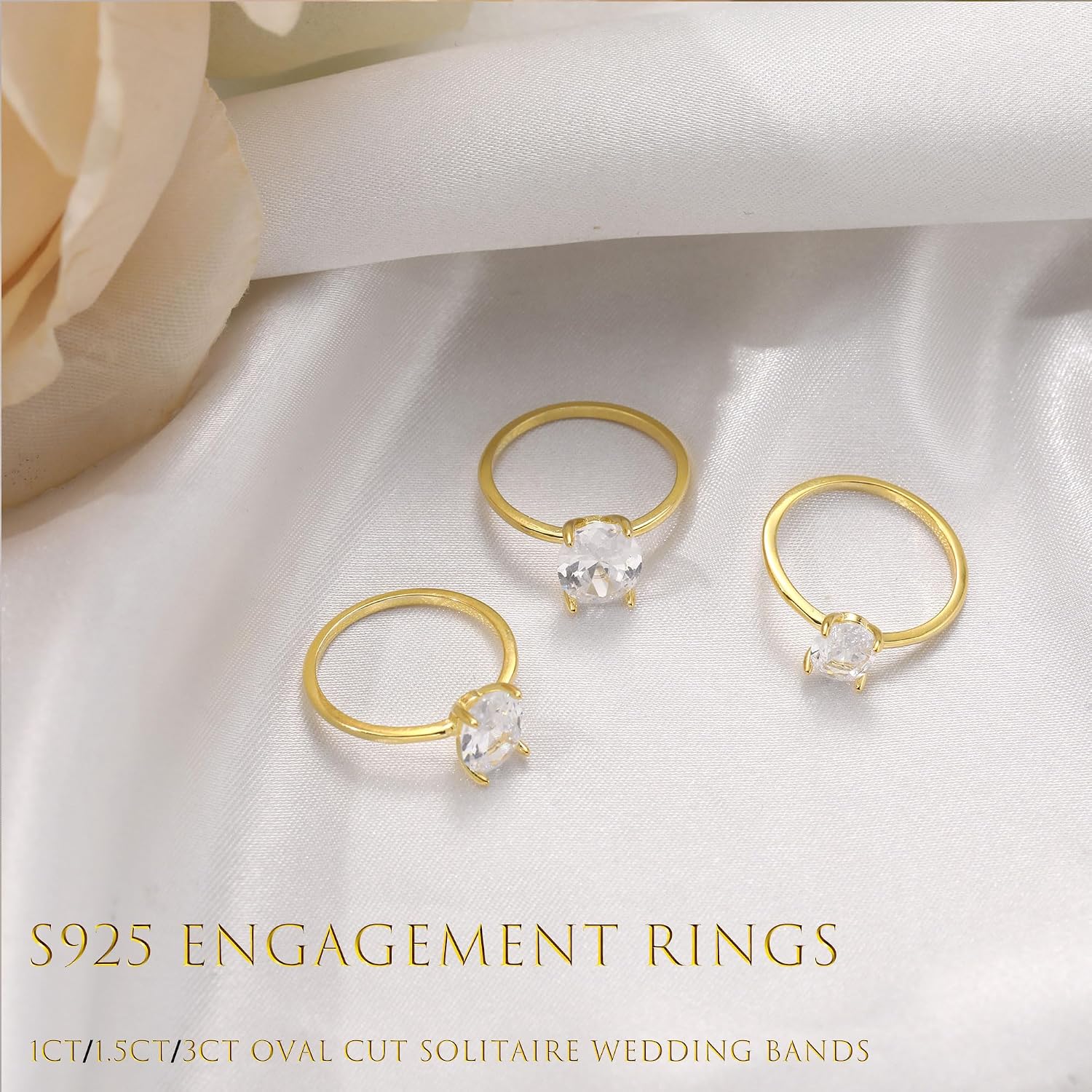 JSJOY 925 Sterling Silver Gold Promise Rings for Her Cubic Zirconia Engagement Rings for Women Trendy Oval Cut Solitaire Wedding Bands Size 3.5-10 Anniversary Jewelry Gifts for Women