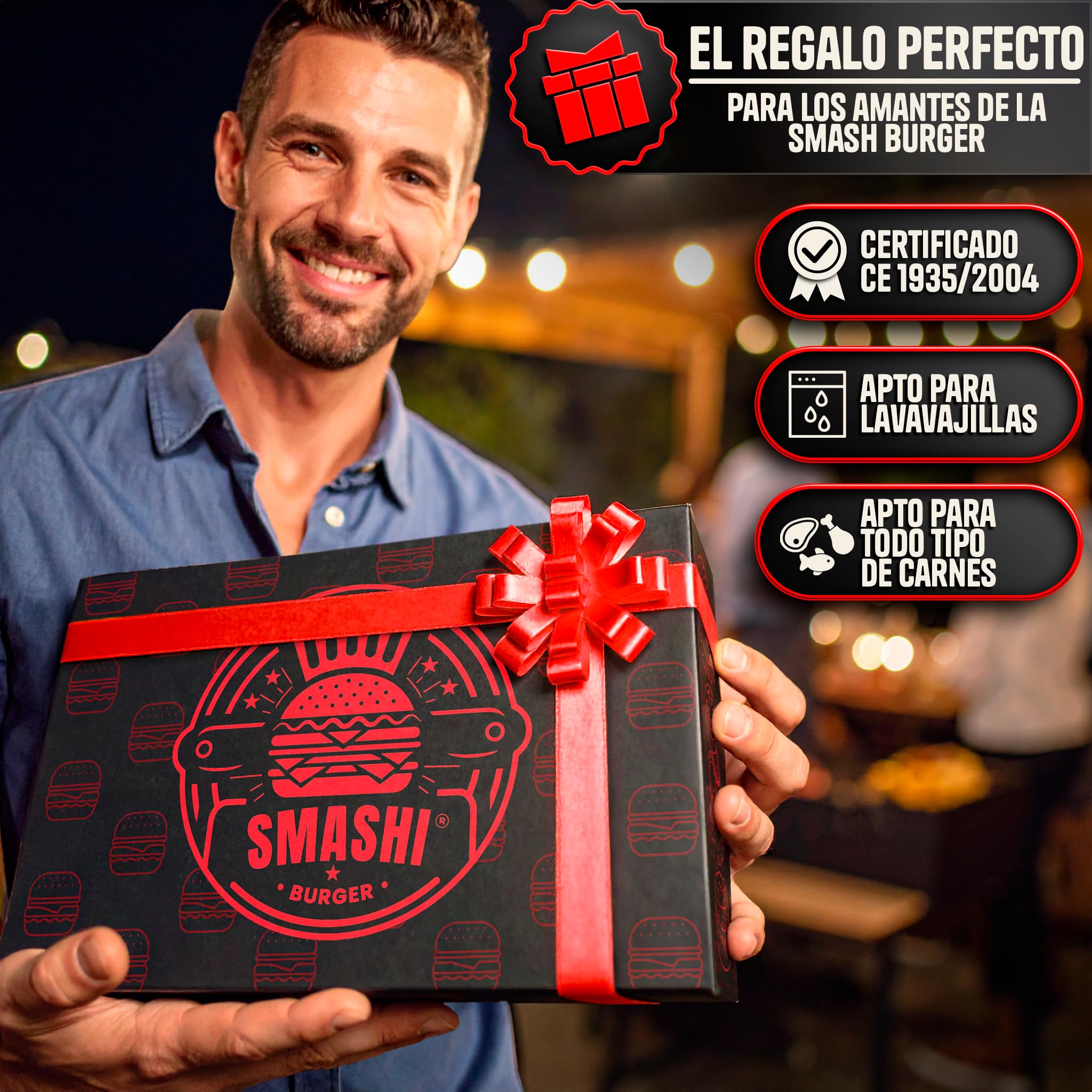 SMASHI Kit Smash Burger Acciaio Inox 304 - Smasher, 2 spatole Smash, 2 coperchi Smash, pressa hamburger, portaspezie e pinzette | Set professionale per cucina, BBQ e ristorante