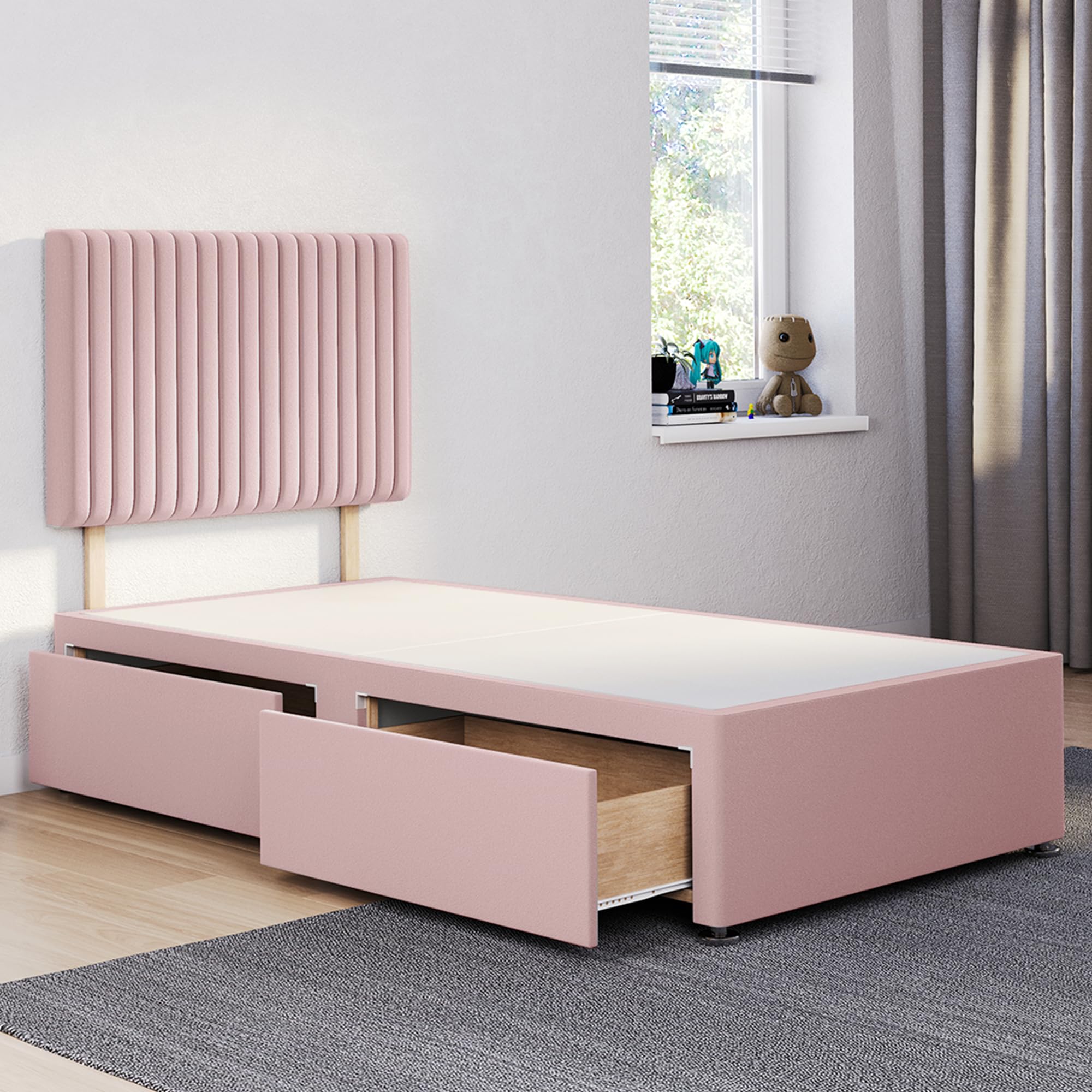 ComfoRest - Sophisticated 3FT Single Divan Bed with 2 Drawers & 24" Malia Headboard | Versatile Frame with Storage and a Sturdy Base for Modern Homes (Pink Plush)
