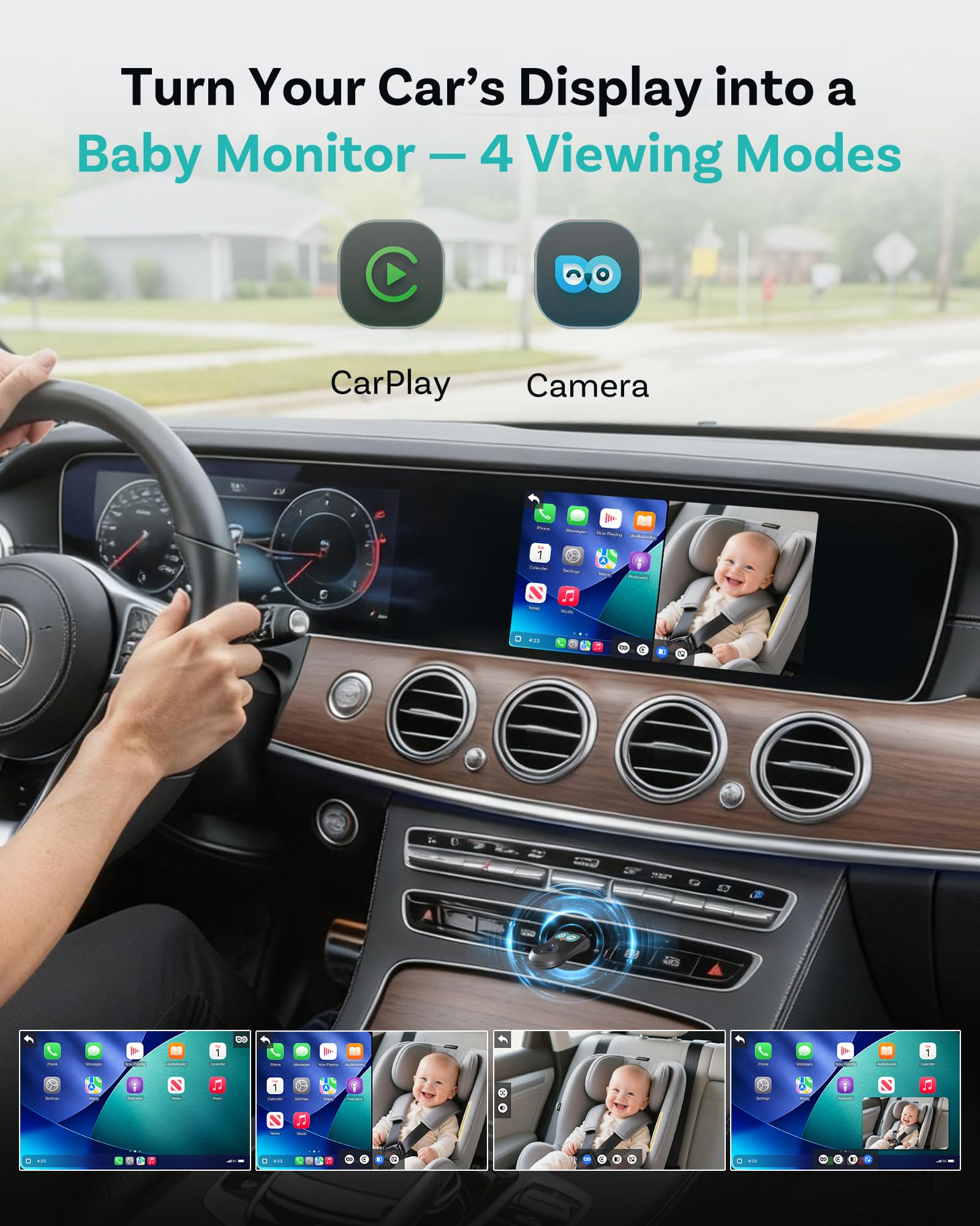 OTTOCAST Adaptateur de cabine 2025 en 1 pour caméra de voiture pour bébé et adaptateur CarPlay sans fil, aucun écran supplémentaire nécessaire, moniteur bébé de voiture 1080p pour vision nocturne