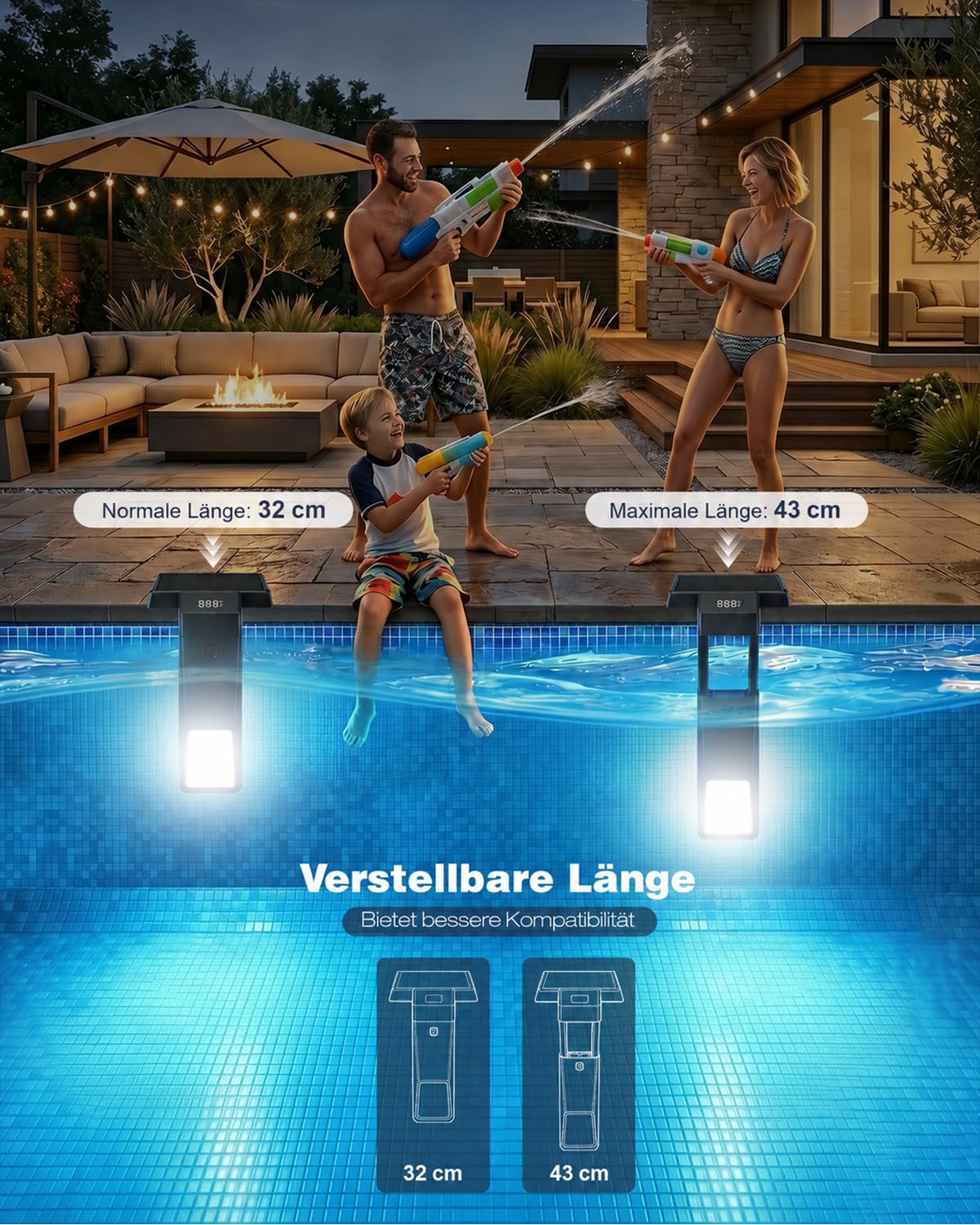 Teleskopierbar Poolbeleuchtung Solar mit Poolthermometer | RGB-Farbe, Einstellbare Helligkeit, Mit Fernbedienung, Unterwasser, Für verschiedene Poolarten