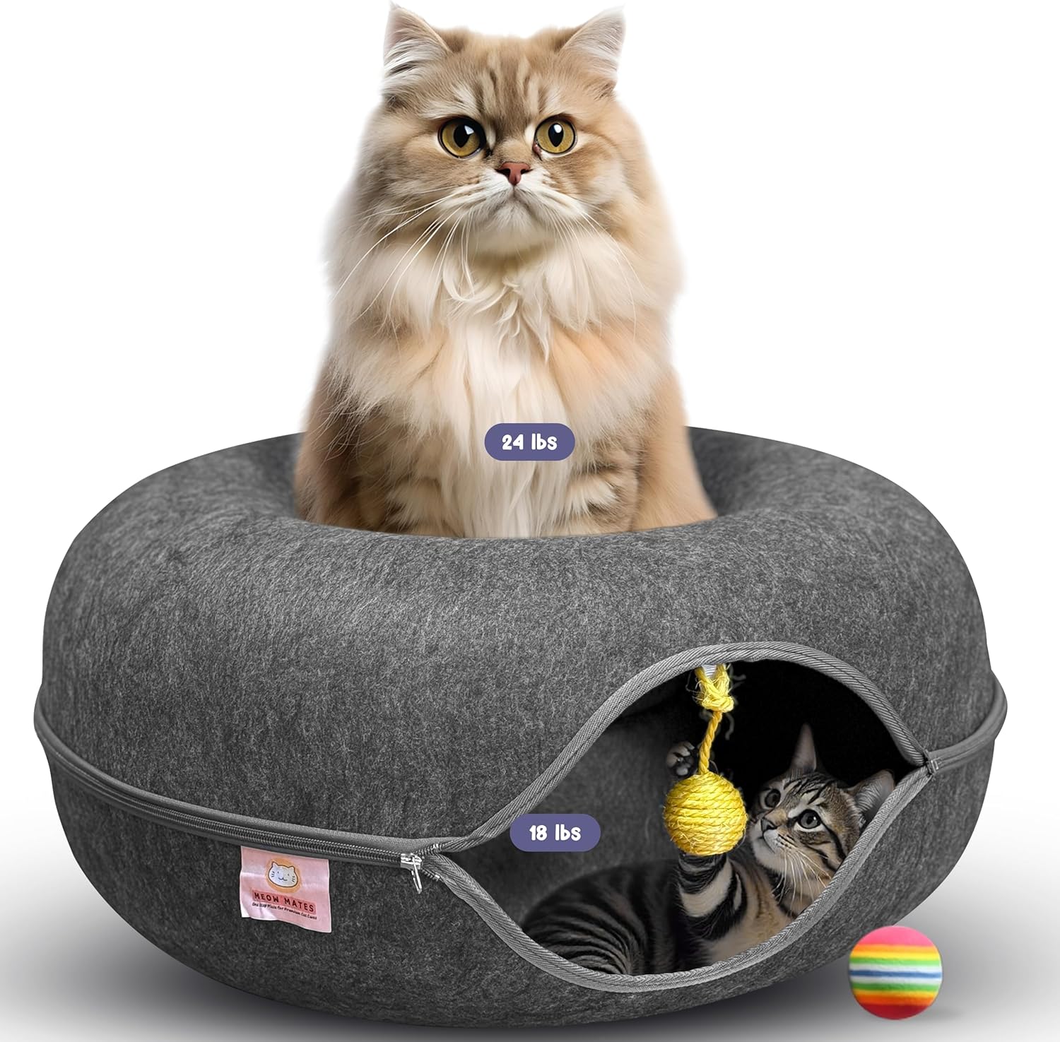 Peekaboo Cat Tunnel Bed with Hanging Ball Toy – Large Cat Tunnels for Indoor Cats up to 30lbs – Round Cat cave Bed with Scratch-Resistant, Easy to Wash & Cozy Design Dark Grey Large
