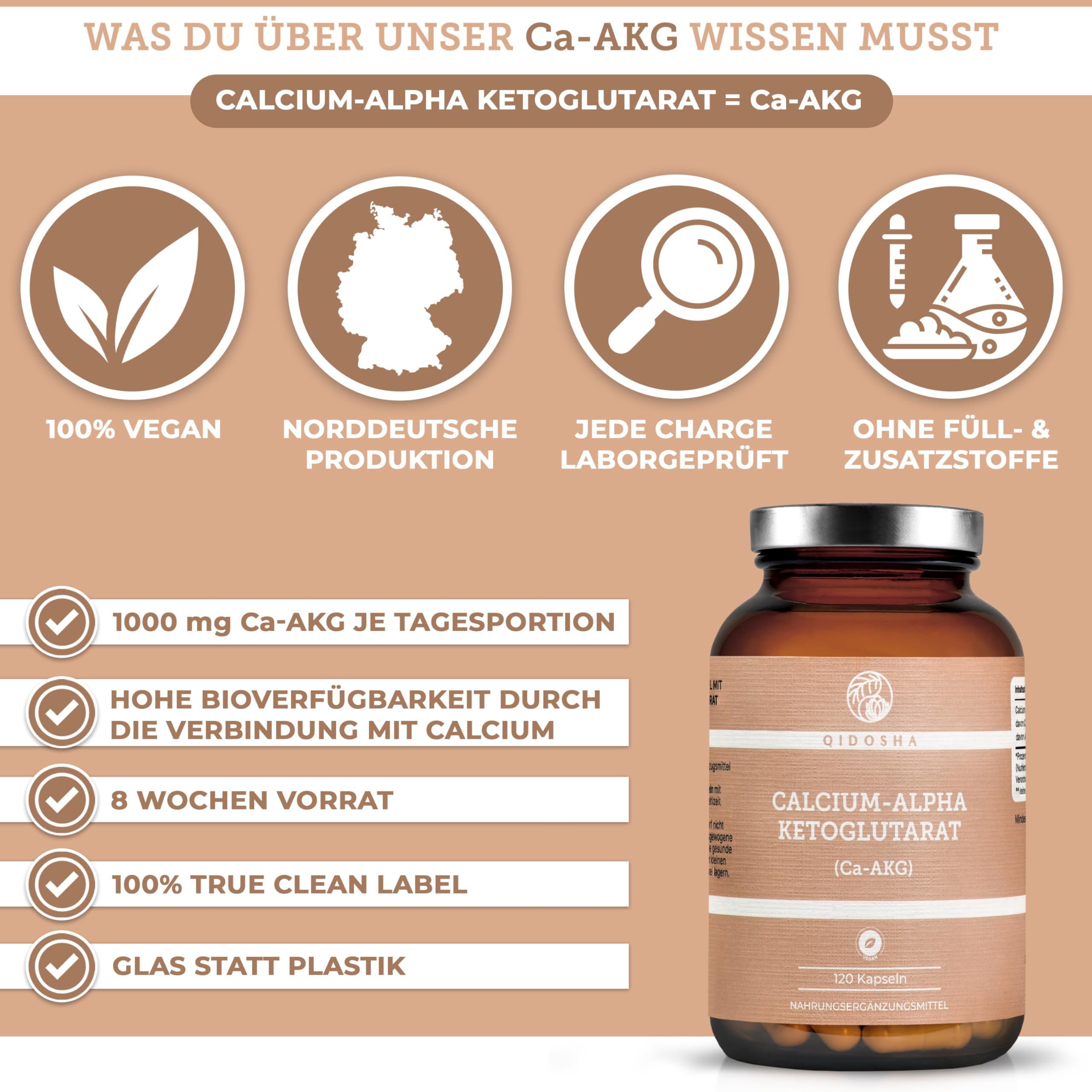QIDOSHA® Calcium-Alpha-Ketoglutarat Ca-AKG, 120 Kapseln im Apothekerglas, deutsche Fertigung, jede Charge laborgeprüft