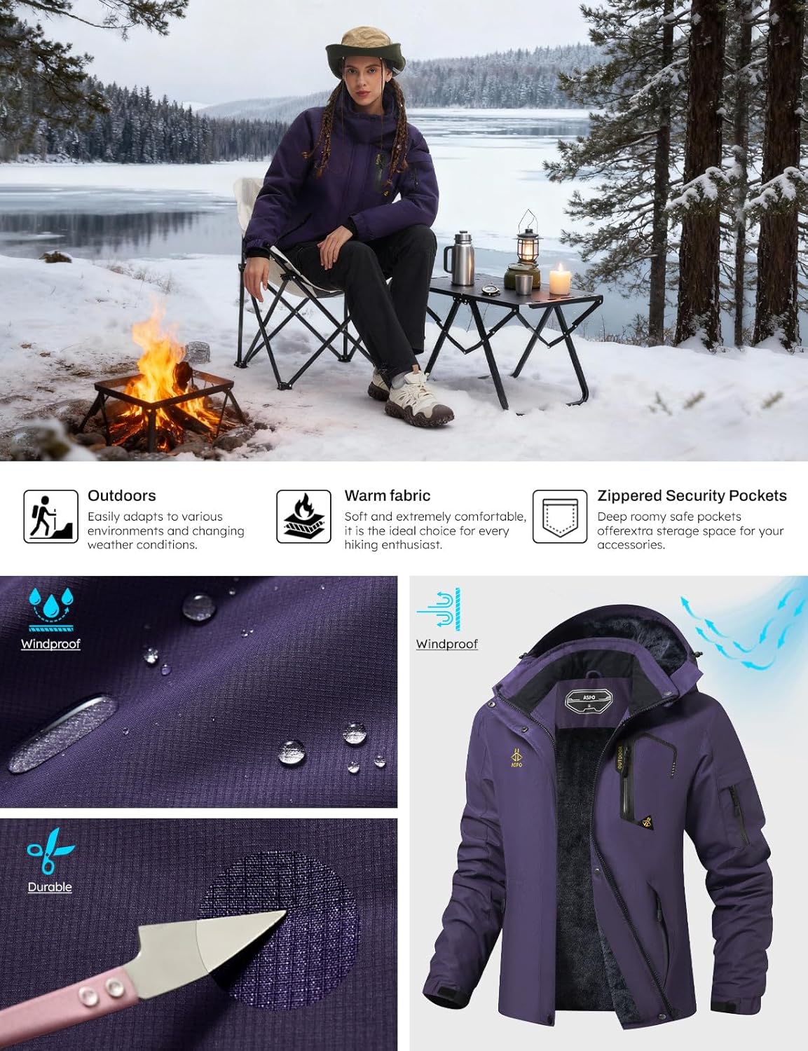 ASPO Women's Ski Jacket Waterproof Winter Jacket Insulated Warm Fleece Lined Windproof Snow Coats with Hood Snowboarding