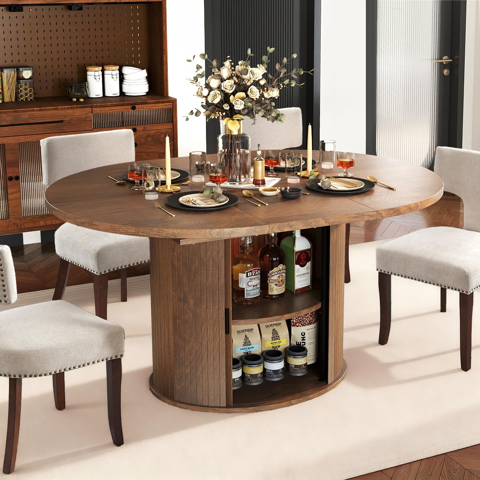 SoarTalent 43-59 inch Extendable Round Dining Table with 2-Tier Hidden Storage Shelf,Space Saving Wood Kitchen Table for Small Spaces, Seats 4-6,