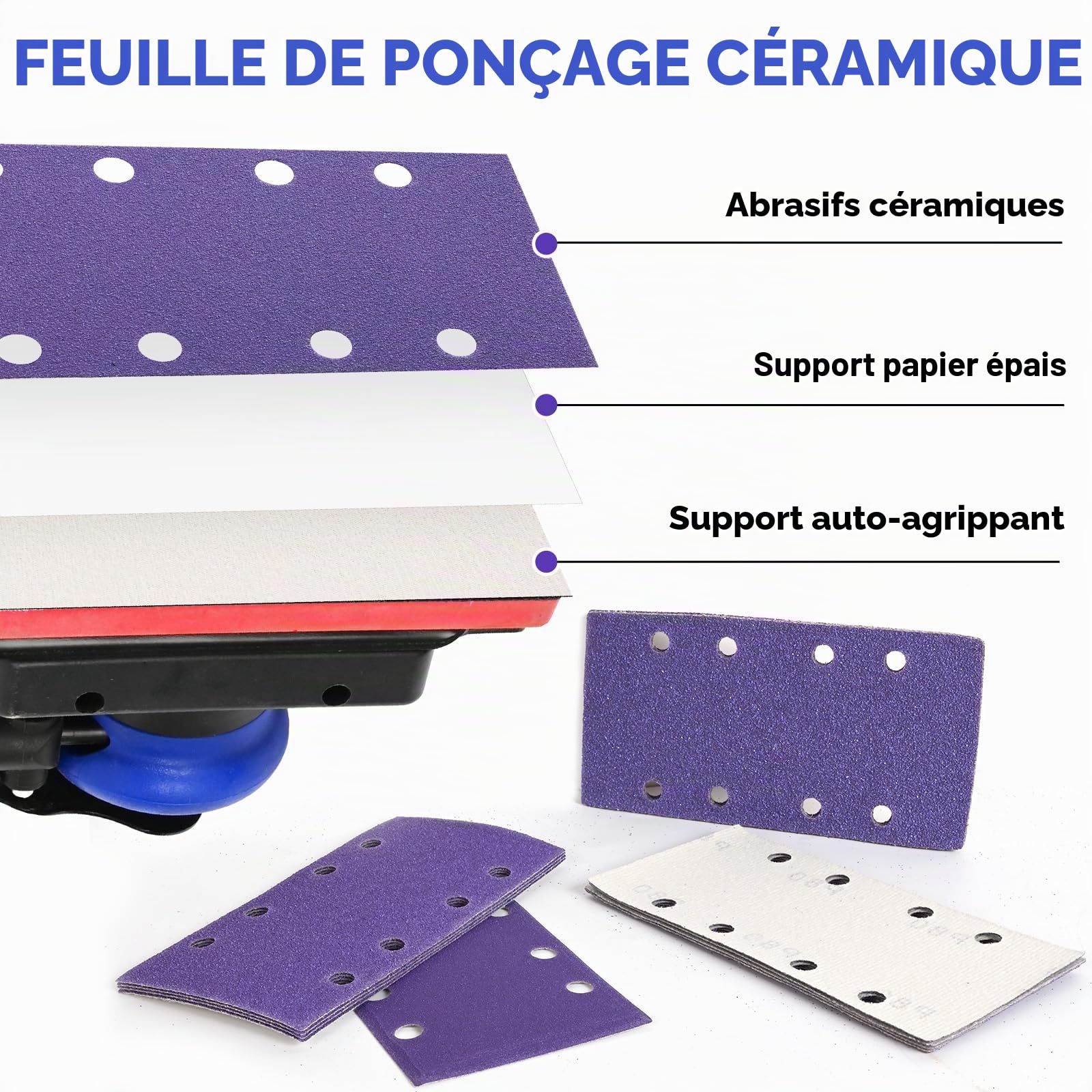 50 Pièces Feuilles Abrasives Céramique 93x185mm, Grain 60/80/120/240/400 Papier a Poncer 8 Trous Rectangulaire Papier de Verre pour Ponceuse Orbitales Ponçage Bois Métal Peinture