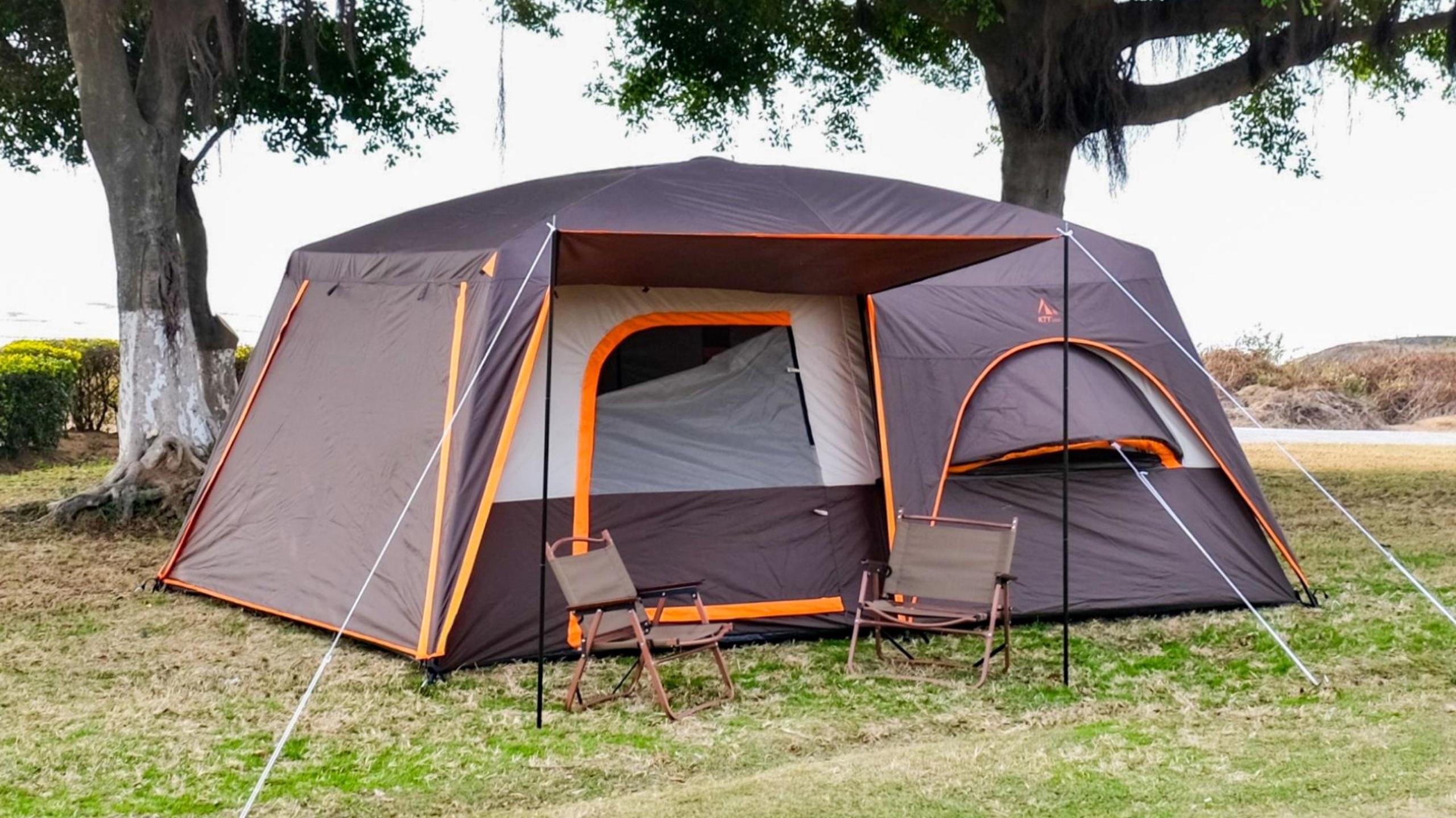 KTT Extra Large Tent 12 Person,Family Cabin Tents,Full Rainfly,2 Bay-Windows,2 Rooms and 3 Doors 3 Windows with Mesh,Waterproof,Straight Wall,Double Layer,Big Tent for Outdoor,Picnic, Camping(Brown) : Sports & Outdoors
