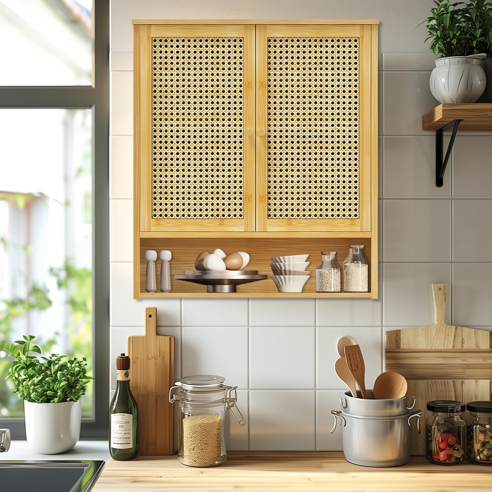 unho Meuble Salle de Bain en Bambou: Armoire WC Mural Rangement de Toilette Suspendu Placard Mural avec Étagère Hauteur Réglable - 59x20.5x66.5cm