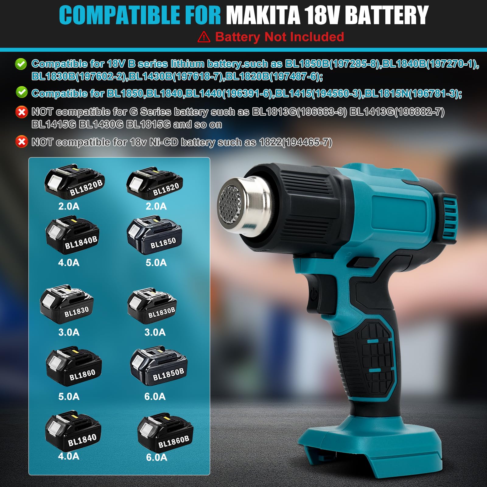 Pistola ad Aria Calda Compatibile con Makita 18V Batteria, PistolaTermica a batteria con 8 Ugelli, 4 Controlli di Temperatura, max 500 °C, display LCD, per asciugare, piegare tubi