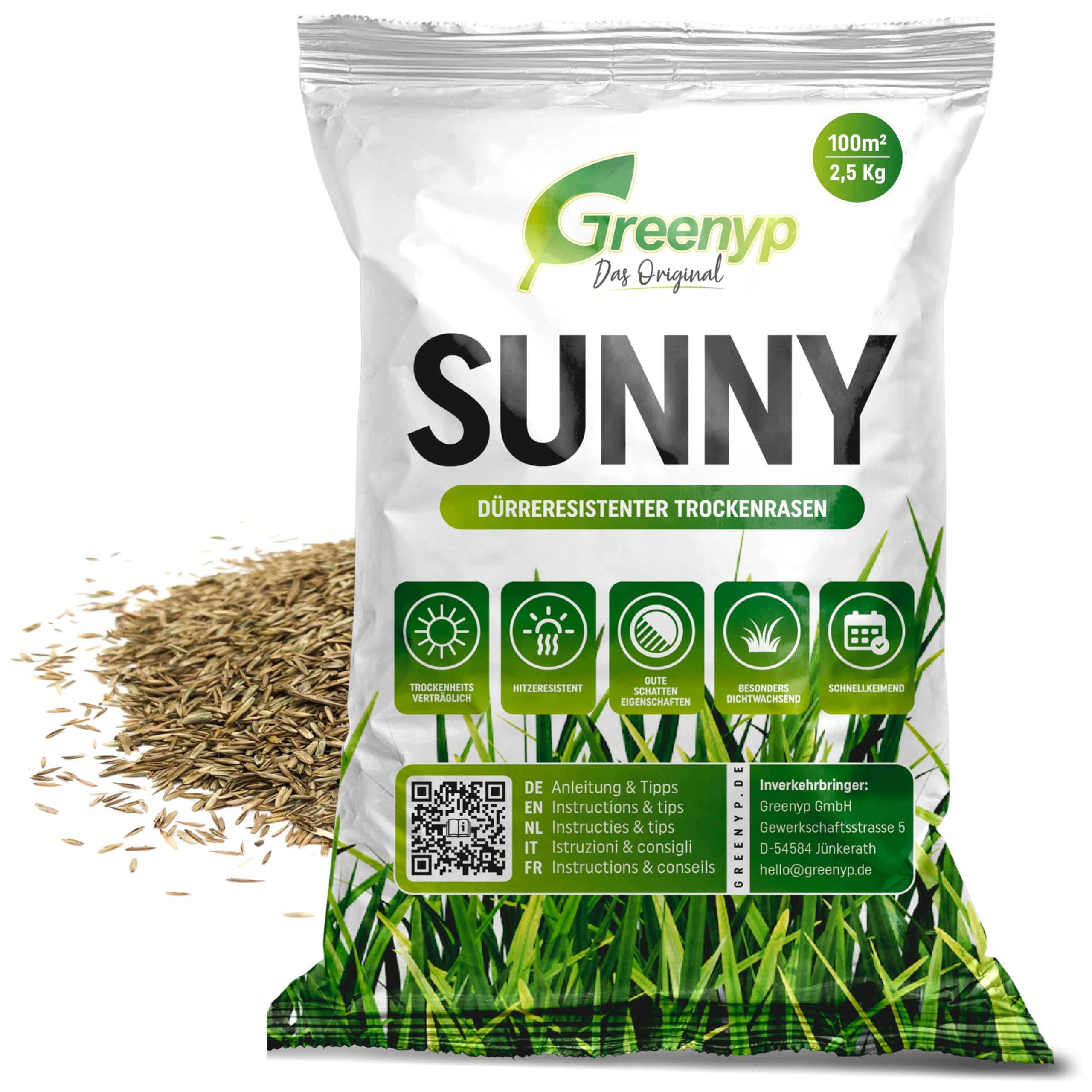 Greenyp® Sunny I dürreresistenter Trockenrasen I 2,5kg für 100m² I Grassamen Rasensamen Rasensaat Gras Nachsaat schnellkeimend