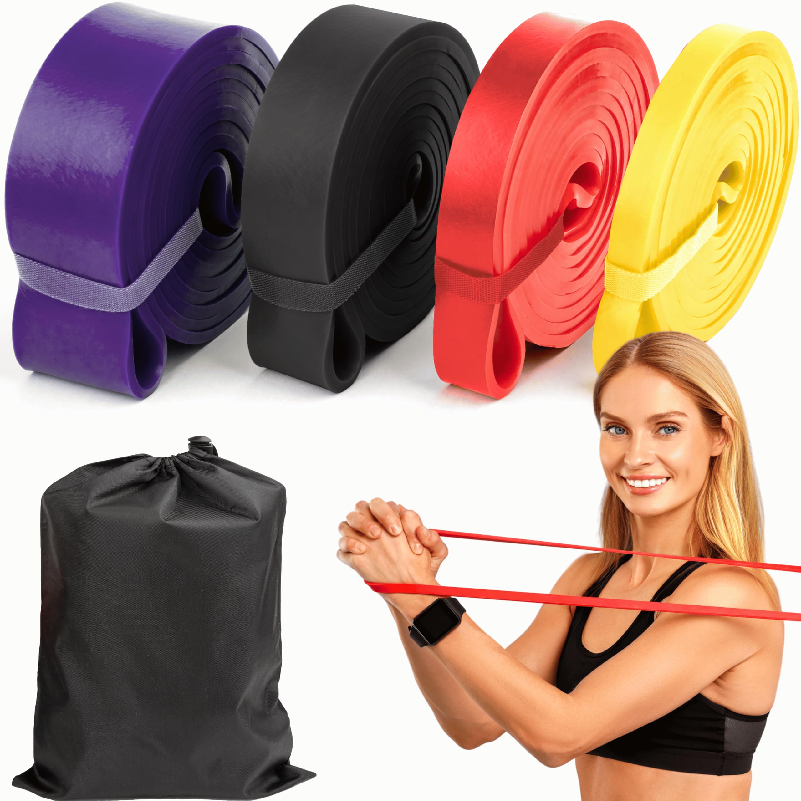 RMS Resistance Loop Excercise Bands with Carry Bag and Instruction Guide Set of 4 - Latex Free Pull