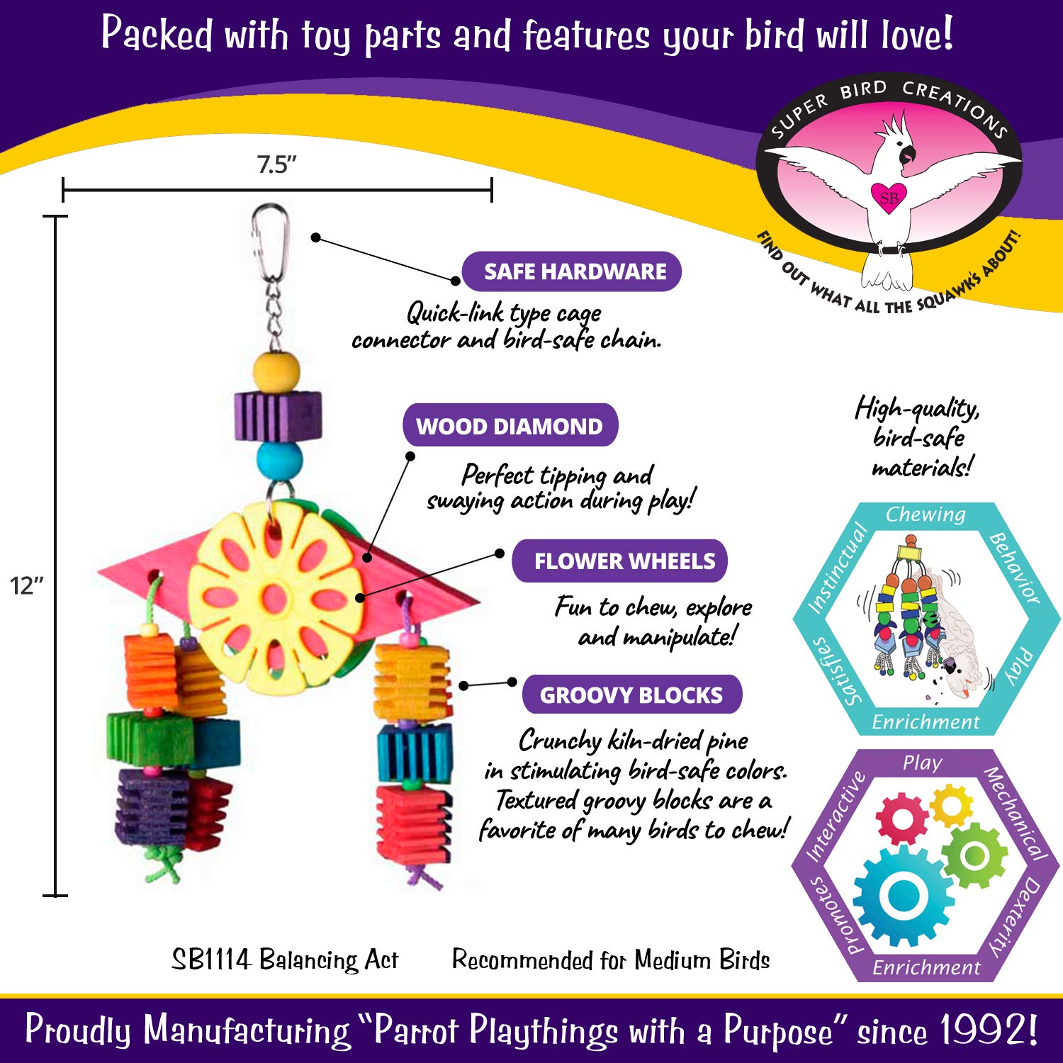 Super Bird Creations SB1114 Balancing Act Bird Toy, Wooden Bird Toy Cage Accessory, Engaging Playtime Hanging Chew Toy for Medium-Sized Birds, Ringnecks, Medium Conures, Quakers, 12