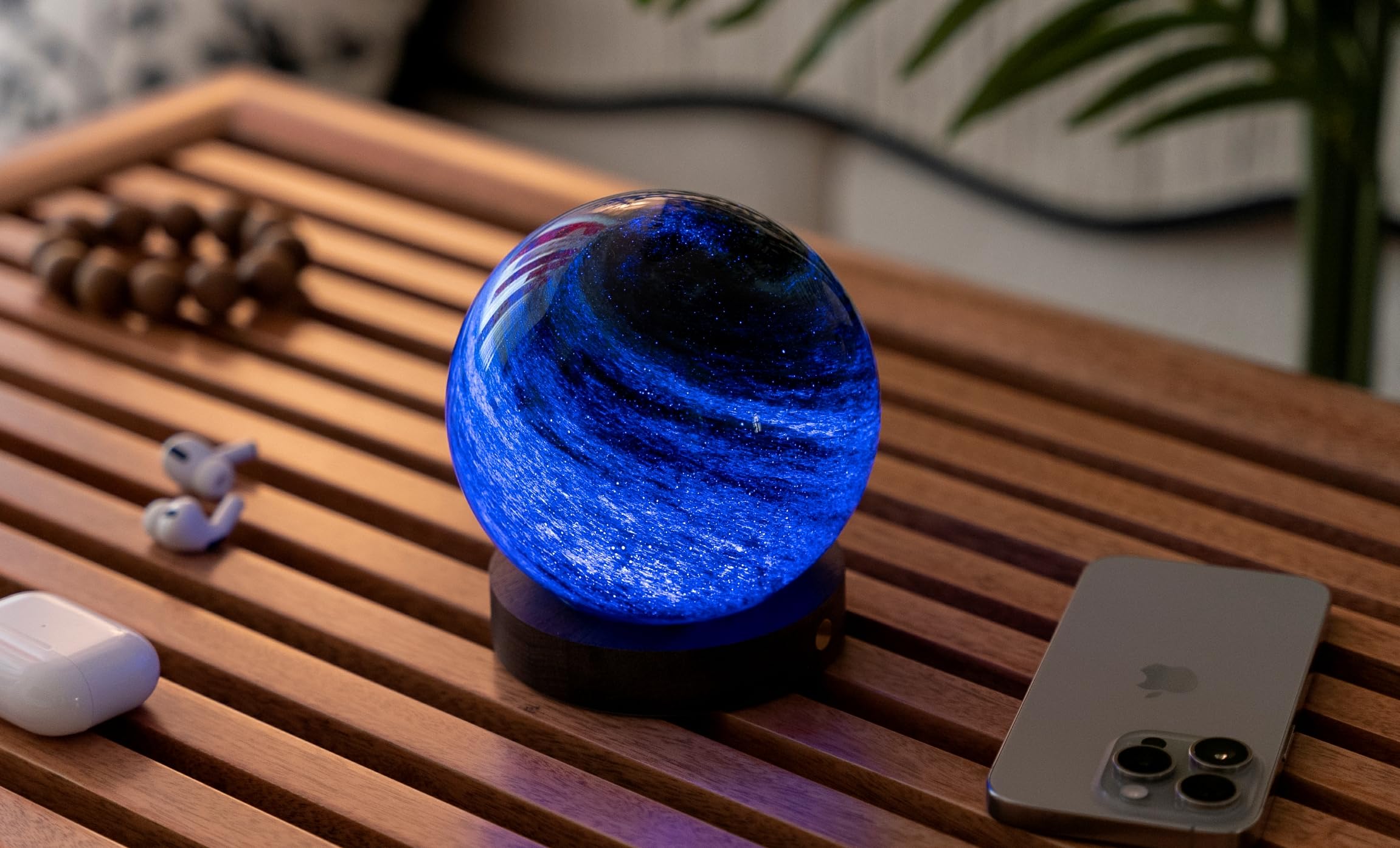 Gingko Stellar Ocean AstraGlass Light with Hand Painted Glass & Solid Walnut Wood Base