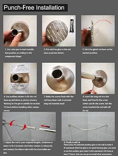 Miniatura 7 de Barra de cortina de ducha de esquina ajustable de acero inoxidable en forma de L, estante sin taladros, instalación para baño, bañera, tienda de