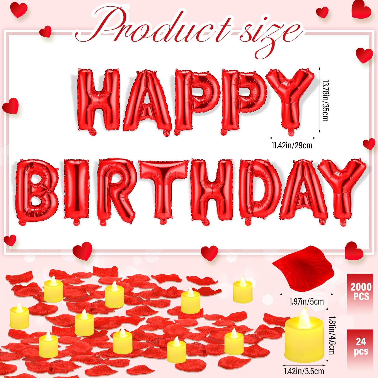 Czerwone balony Happy Birthday, zestaw banerów, 40 cm, foliowe litery z 24 diodami LED i 2000 szt. czerwonych płatków róży, dla dzieci, dorosłych, dekoracje urodzinowe, artykuły imprezowe