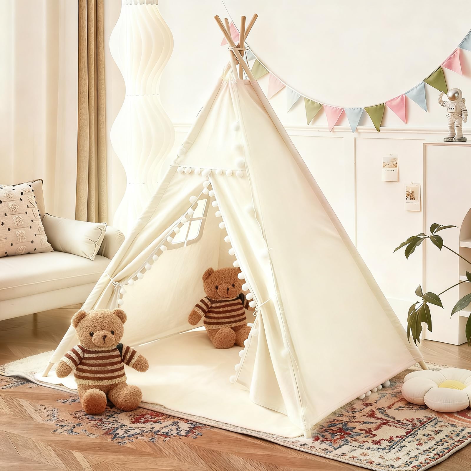 Tipi - Tente tipi pour enfant - Pour intérieur/extérieur - 120 x 140 cm - En toile - Tente tipi - Maison de jeu avec guirlande lumineuse et sac de rangement - Pour l'intérieur ou l'extérieur