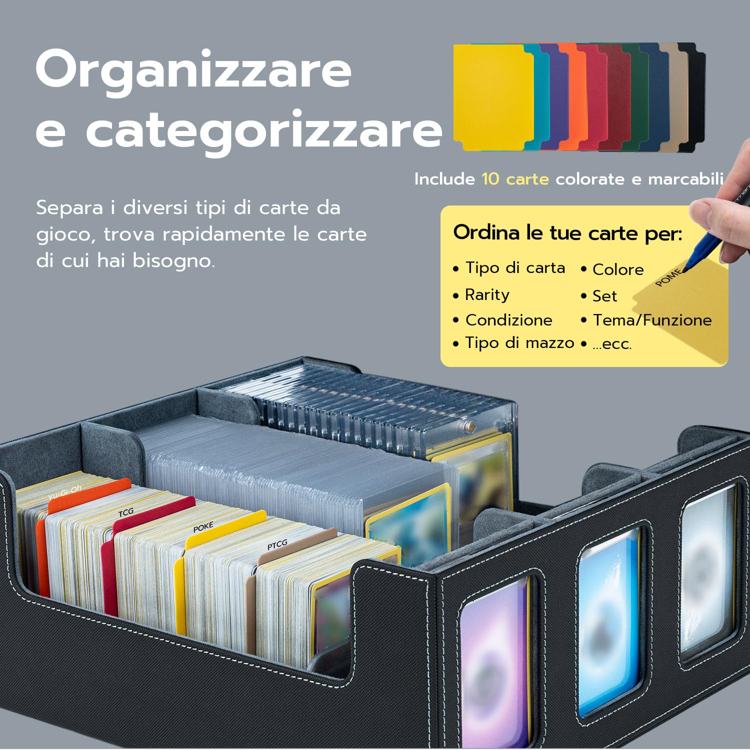 Commander Deck Box per MTG con 3 carte Magnetiche 35PT, Scatola per 1800+ Carte con 10 Divisori e 6 Clip, Adatta per Scatola Porta Carte Collezionabili Toploader da 3"x4" per Magic TCG–Nero