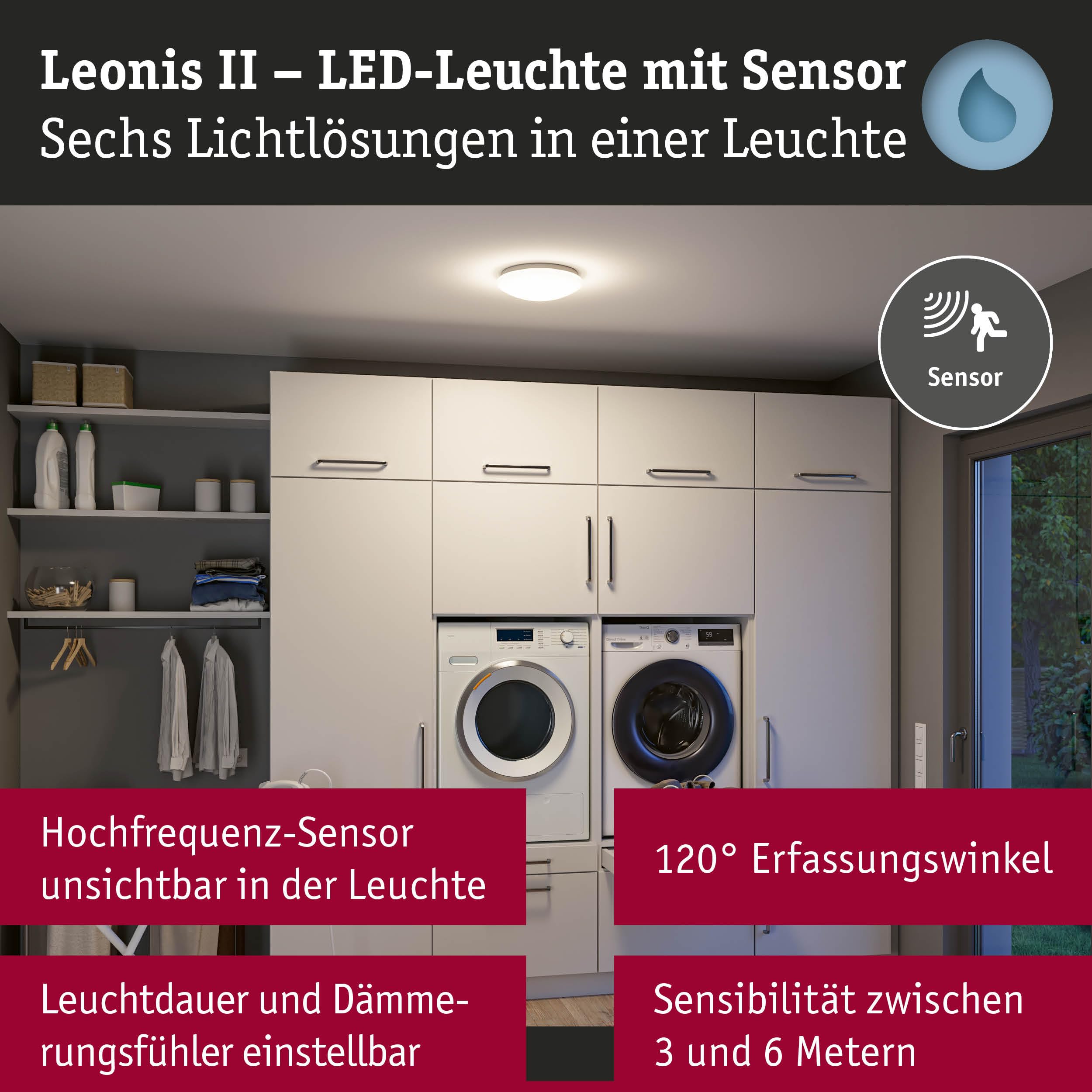 Paulmann 75407 LED Deckenleuchte Leonis Dämmerungsgesteuerter Bewegungsmelder (HF) IP44 3000-5700K 1750lm 230V 16,5W Weiß