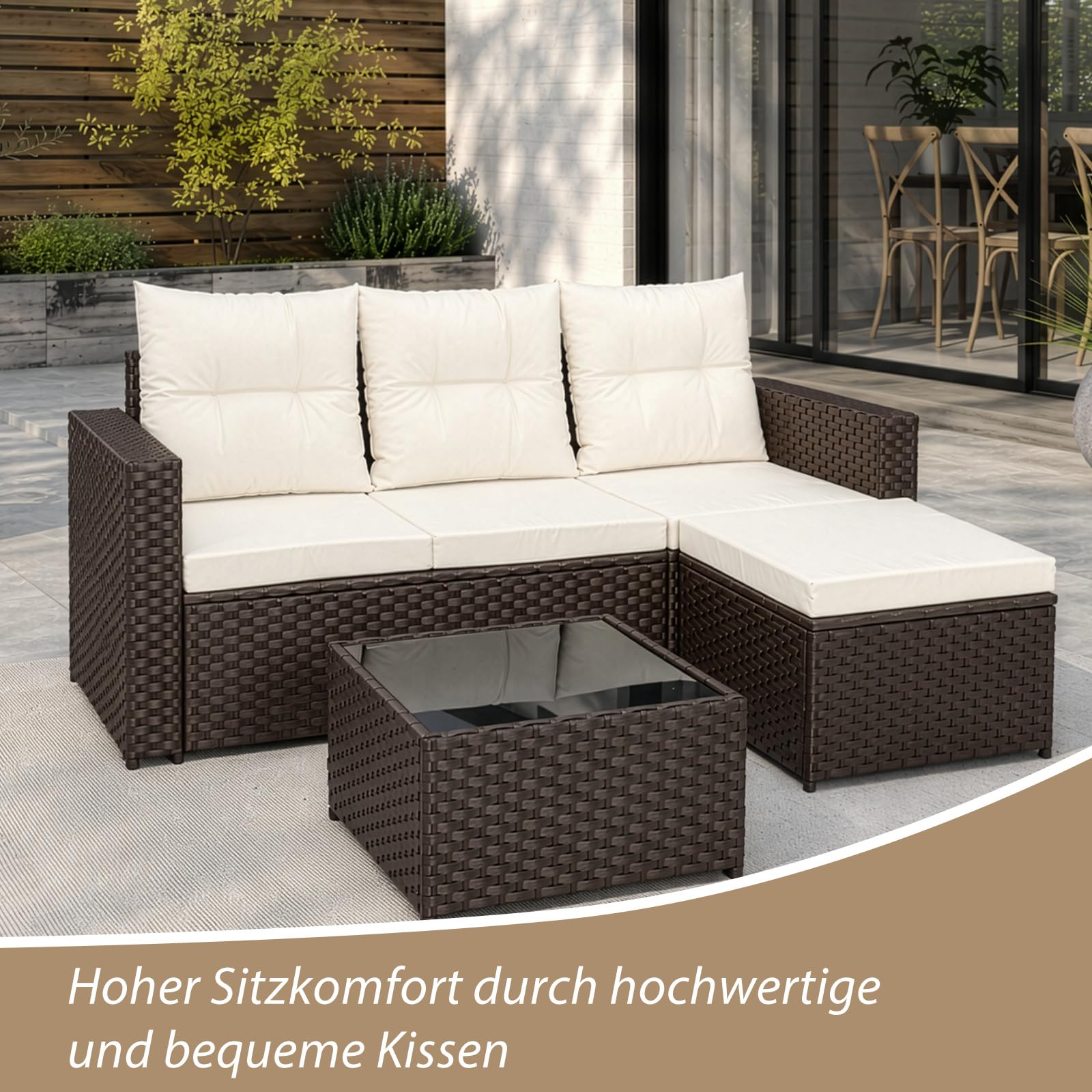 Polyrattan Gartenmöbel-Set Lounge für 3–4 Personen – Ecksofa Sitzgruppe mit Tisch & Hocker, wetterfeste Gartenmöbel-Sets für Balkon, Terrasse & Garten (Braun)