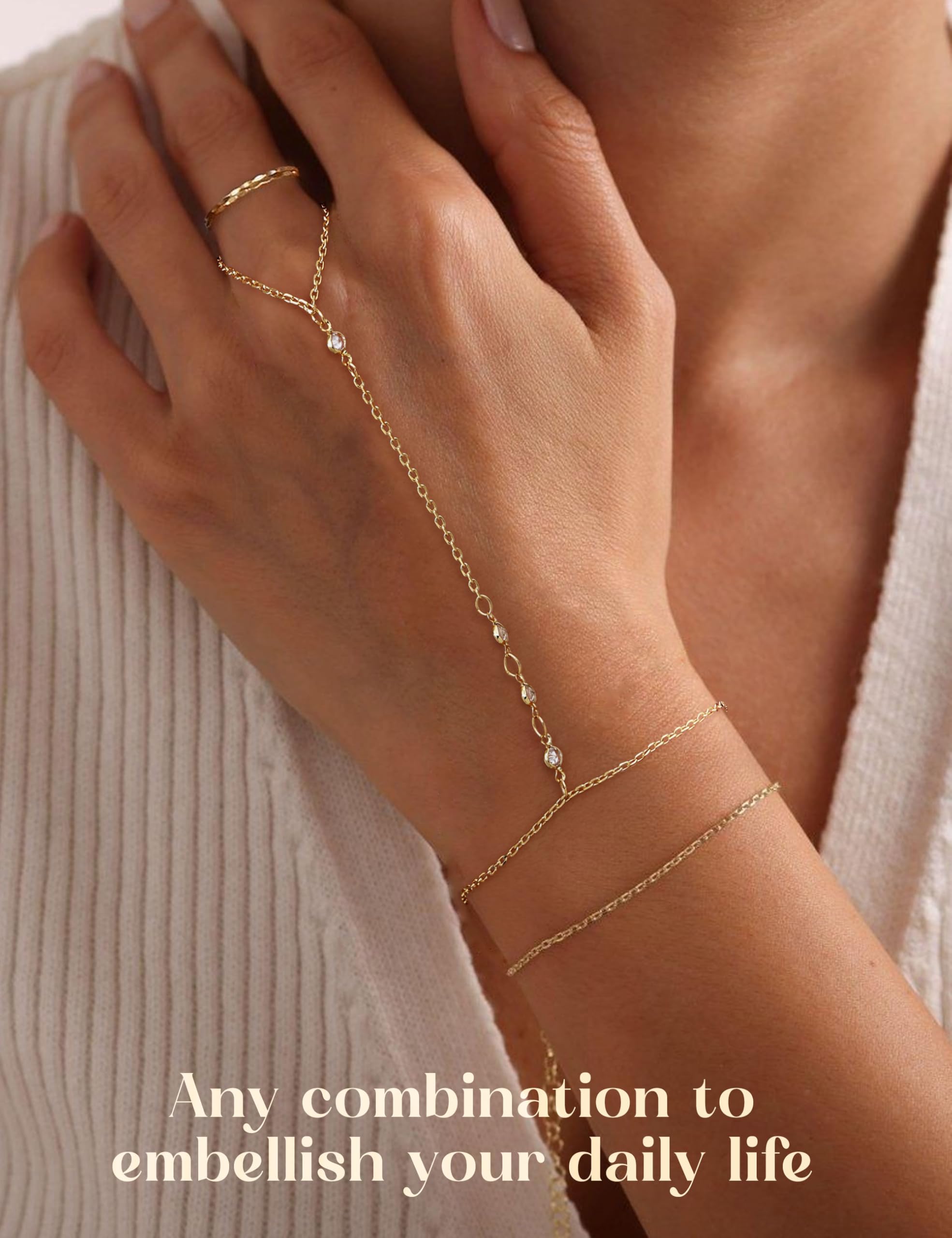 Dochais Bracelets Main Femme, Chaîne Main Poignet-Doigt, Or 14K/Argenté, Bijou Élégant Adjustable Imperméable, Cadeau Luxe