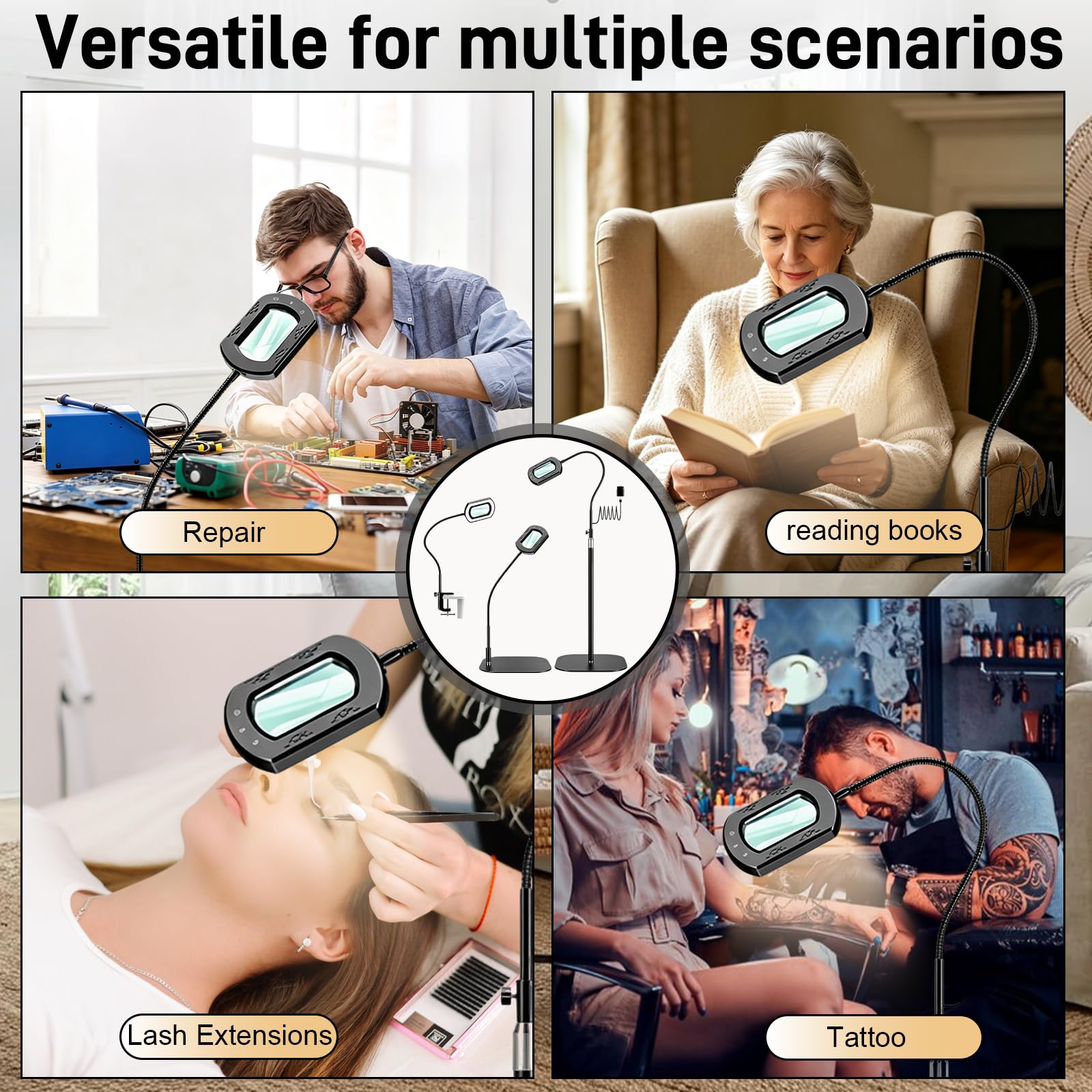Loupe Grossissante 10x avec LumièRe Et Support, Lampe Loupe 3 en 1 avec 60 LED Et 5 Modes Couleur Grande Lampe Loupe Flexible à Col Cygne pour Seniors Et Loisirs CréAtifs Chambre Salon Bureau