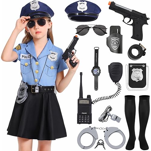 Kids Police Officer Costume Girls Cop Cosplay Outfits Uniform Halloween Costumes with 9 Pcs Accessories