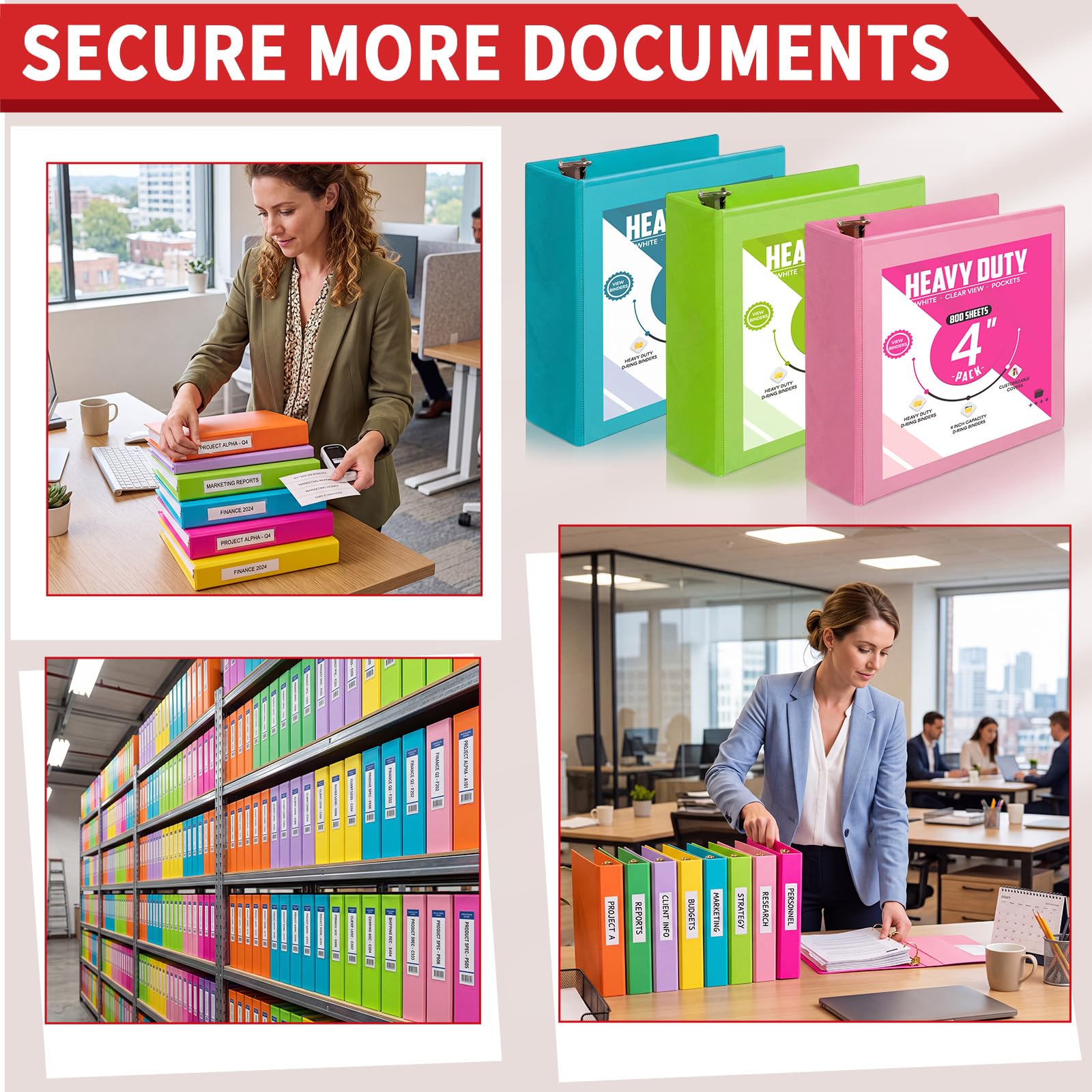 Sinload 8 raccoglitori a 3 anelli, capacità 10 cm, con tasche grandi, 21,6 x 27,9 cm, cartella per presentazioni, con copertina trasparente, per documenti, file, progetti, multicolore