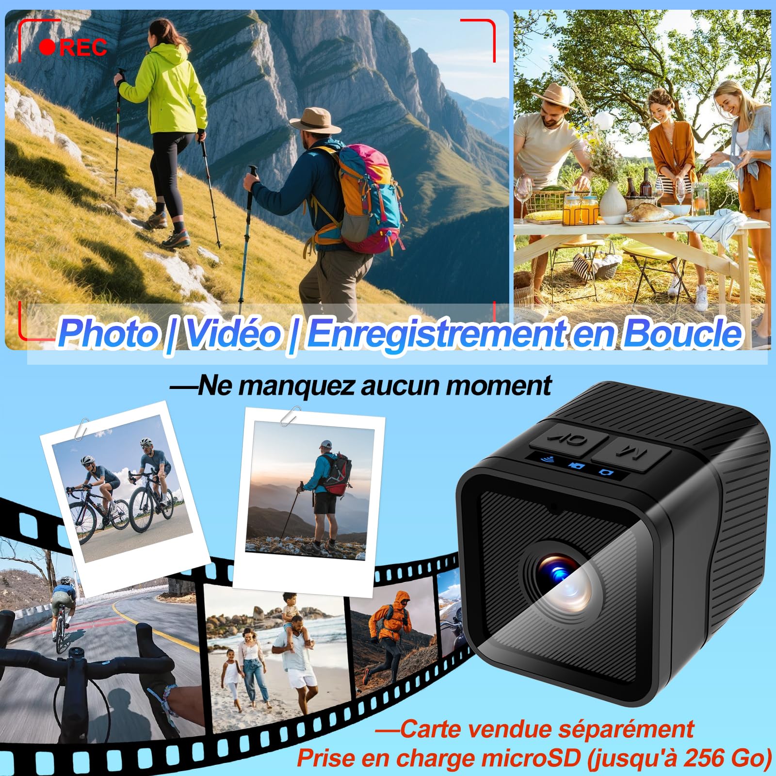 Camera Velo 1080P WiFi Grand Angle Mini Sport, Enregistrement en Boucle | Batterie 900mAh, charge en continu, résiste aux éclaboussures, supports inclus, webcam/dashcam