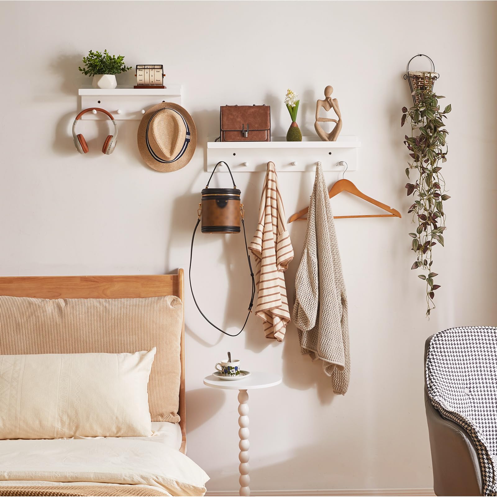 Aibiju Perchero de Madera con Estante Montado en la pared, Estante Colgante de pared de Entrada de 60 cm, para Baño, Cocina, Organizador de Llaves de Toalla Blanco YD-WS0260W