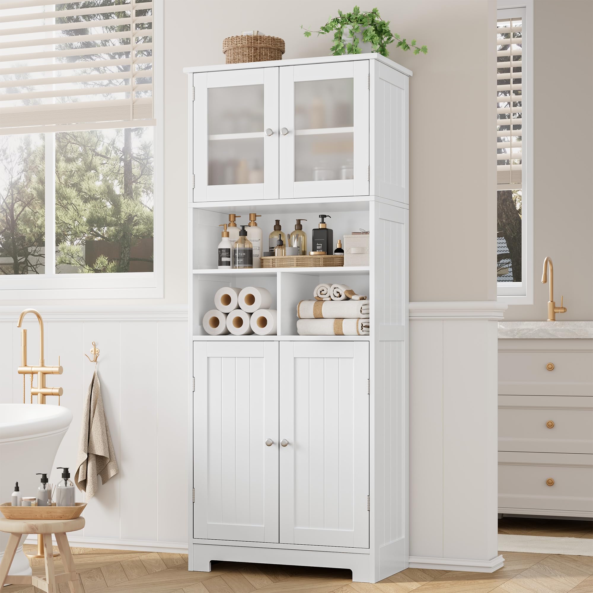 HOCSOK Mueble Columna de Baño, Mueble Auxiliar de Almacenaje con 4 Puertas y Compartimentos de Almacenamiento, Armario de Madera de Suelo para Entrada, Salón y Cocina, Blanco