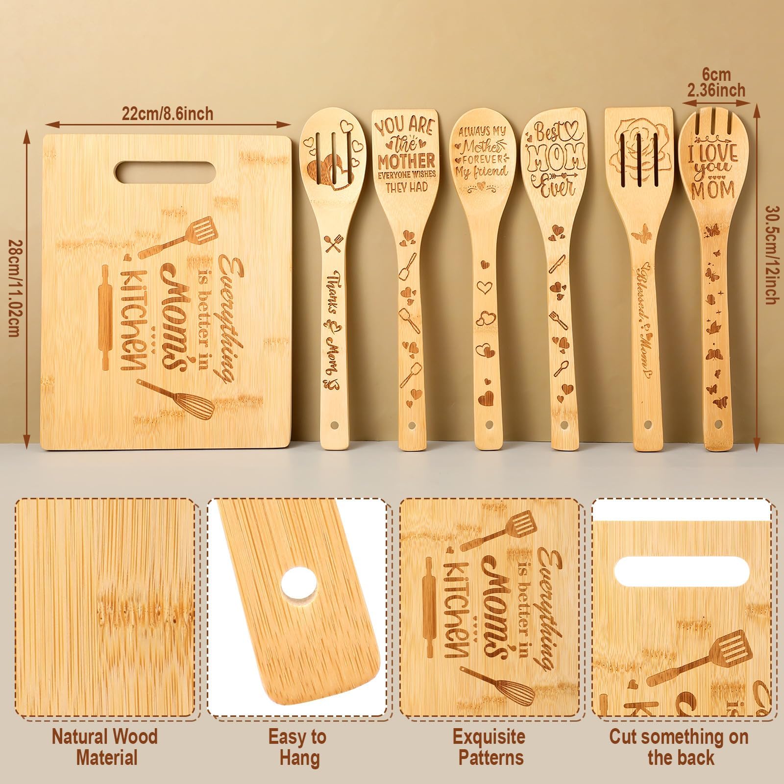 Regalos de cocina para mamá, regalos para el día de la madre de parte de la hija, ideas de regalo de cumpleaños para mamá con tabla de cortar, cucharas de madera, delantales, guantes de horno, soporte