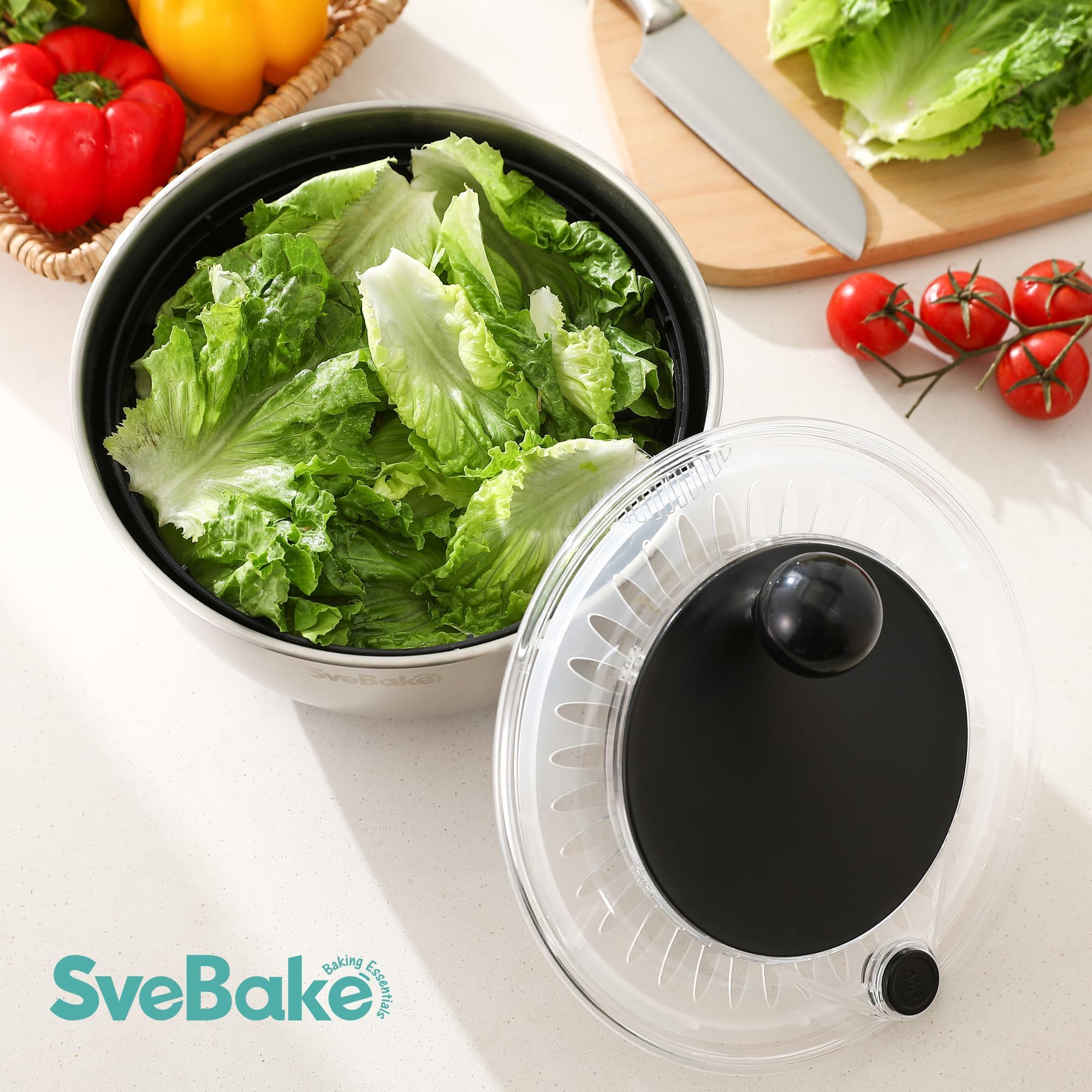 SveBake 5L Salad Spinner in Acciaio Inox con Pulsante di Arresto, Centrifuga per Verdure Senza BPA, Coperchio Trasparente e Foro di Scolo, Fondo Antiscivolo, Salad Spinner Lavabile in Lavastoviglie