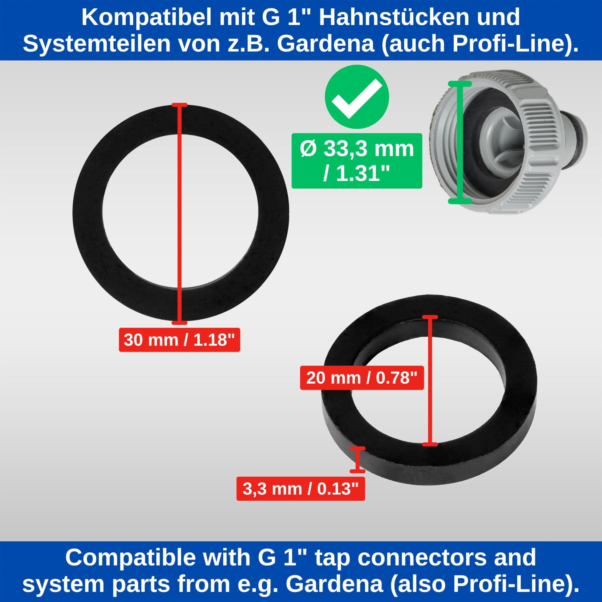 Replacement flat seals set, 12 pieces, for G 1" inch garden system parts, compatible with Gardena 33.3 mm tap connector, 2802 - Image 4