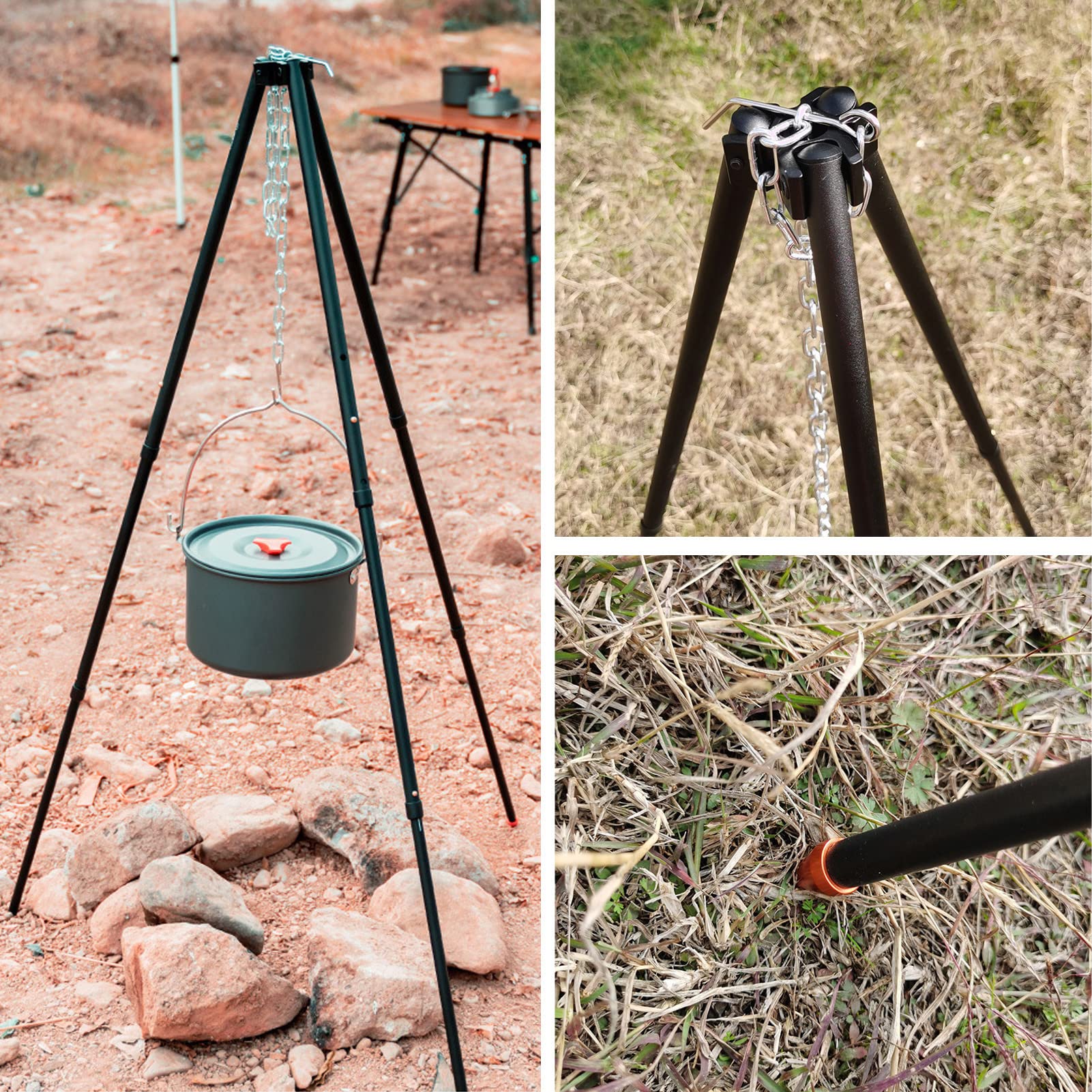 BORDSTRACT BORDTRACT Trépied de Cuisine Camping, Acier Robuste Hauteur Réglable 108.5-122cm Design Enfichable Portable Pliant Feu de Camp Randonnée