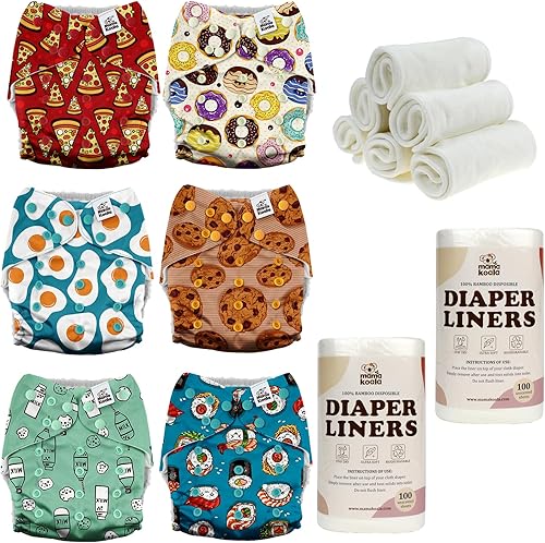 Mama Koala 3.0 Baby Cloth Diapers with 6 Inserts Bundle, with 2 Rolls Disposable Natural Liners