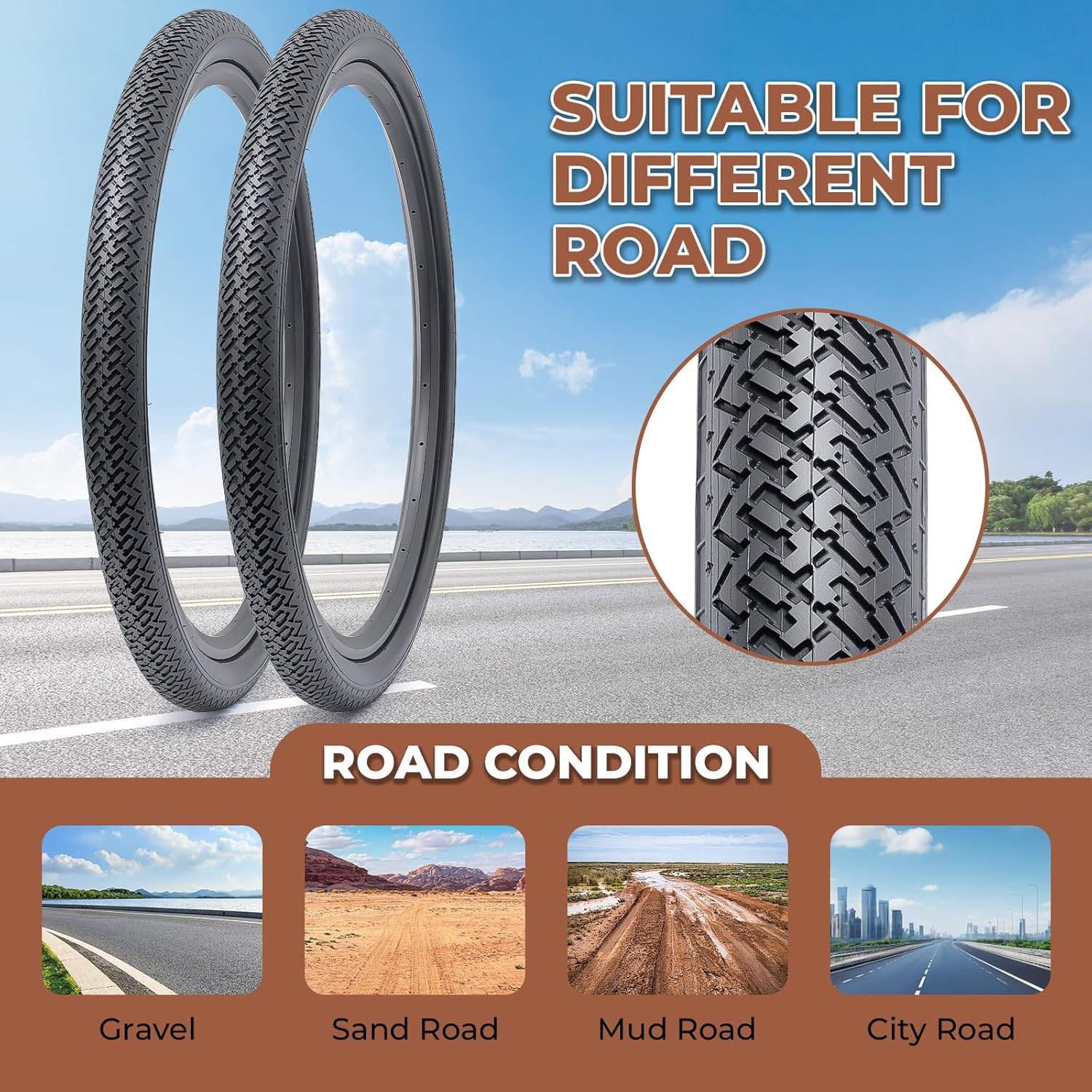 2 Pcs, 24x1.75 Bike Tires, Durable Folding 24 Inch 47-507 24x1.75 Road Bicycle Tires, Replacement Bike Tires for Road Cruiser Bicycle, Clincher