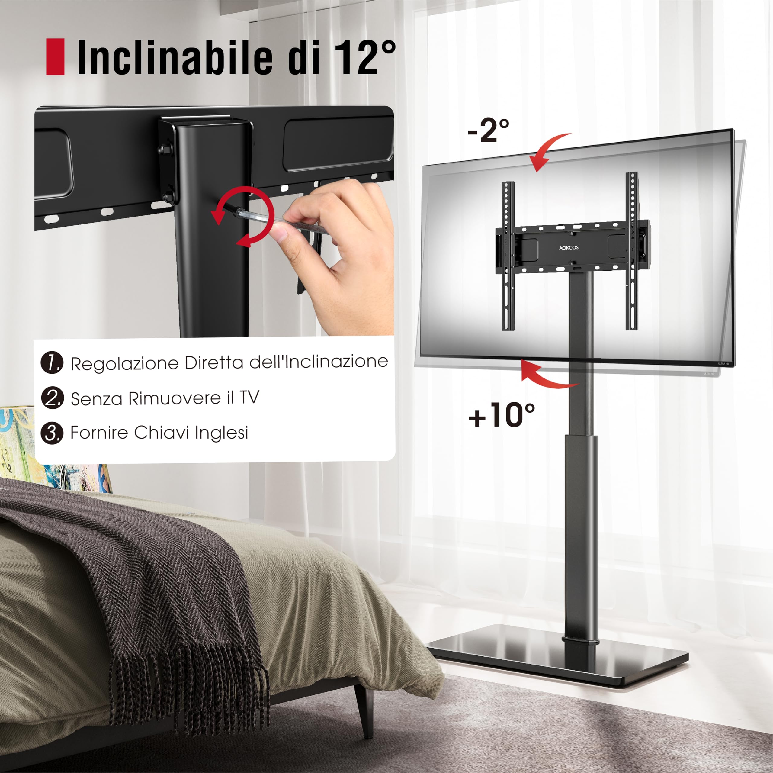 AOKCOS Supporto TV da Pavimento inclinabile per 32-55 65 70 Pollici, Girevole & Altezza Regolazione Mobile Porta TV da Terra, Max VESA 400x400mm 40kg