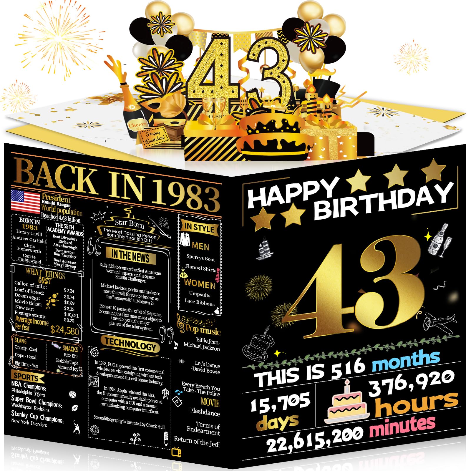 Joycard 43rd Birthday Card for Women Men, 3D Pop Up Happy Birthday Gift for Her Him, Funny 43 year old Birthday Decorations for Wife Husband, Back in 1983 Laser Gold Retro Theme