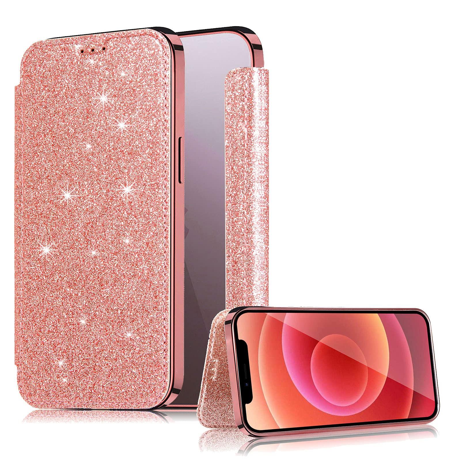LCHDA Bling Glitter Case for iPhone 13 Pro Max 6.7 Inch, PU Leather Flip Folio Kickstand Wallet Case with Card Holder Soft Clear Plating TPU Back