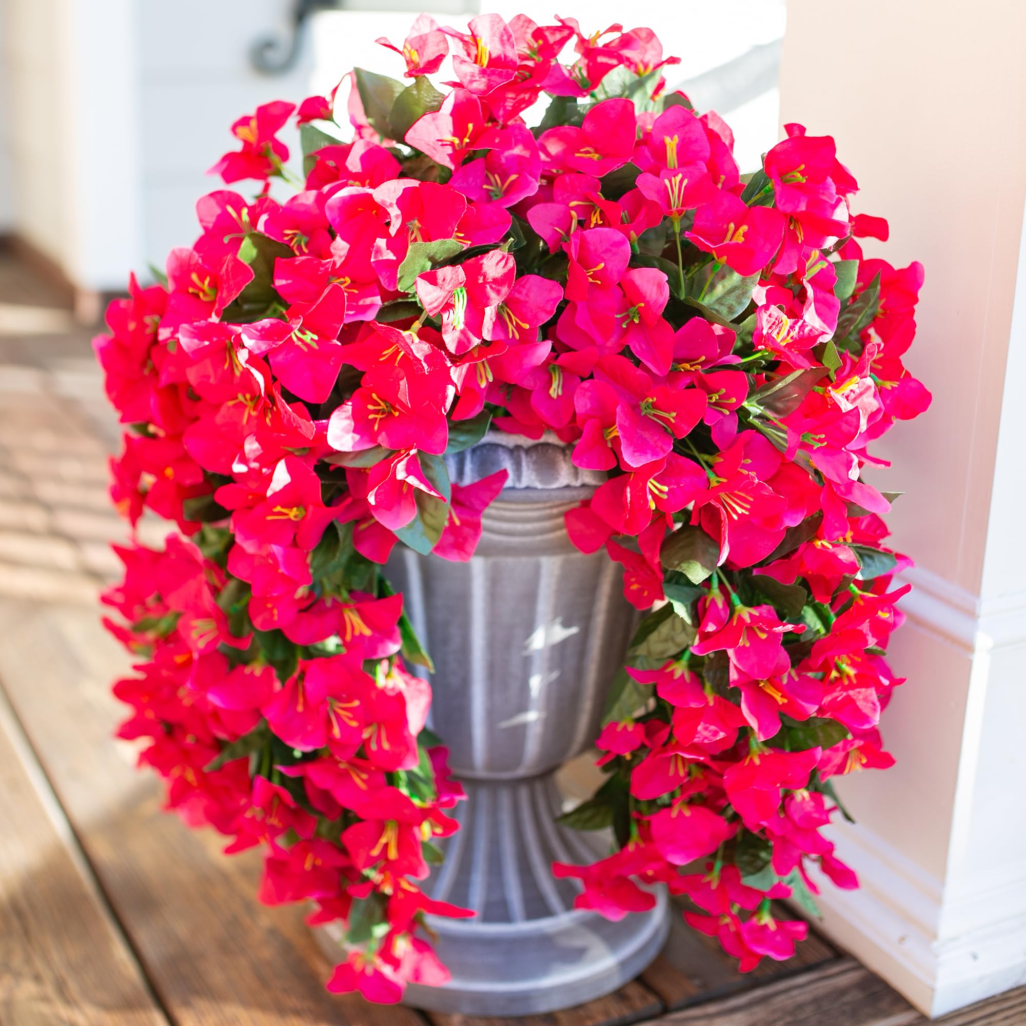 Artificial Faux Bougainvillea Flowers Plants for Outdoor Outside Summer Decoration, 2 PCS Fake Silk Long Trailing Vines UV Resistant Realistic for Front Door Porch Planter Urn Patio Balcony, Hotpink