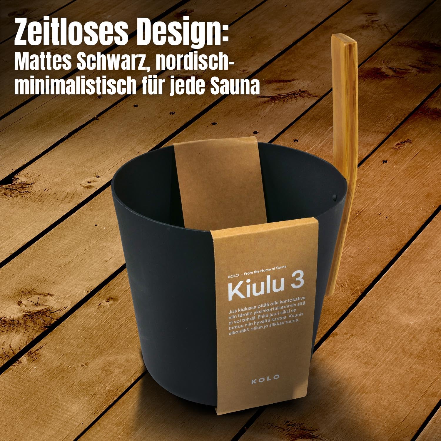 KOLO Sauna Set Kiulu 3 - Kübel 5 l + Aufgusskelle 300 ml - Schwarzes Aluminium - Bambusgriff - 2-teiliges Premium-Set für Aufgüsse und authentische finnische Saunakultur - Made in Finland
