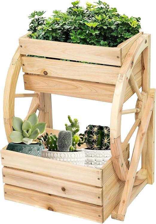 Sunnydaze Wagon Wheel 2-Tier Rustic Wood Plant Stand - Tiered Garden Box - For Patio, Garden, or Front Porch - Natural Fir Wood