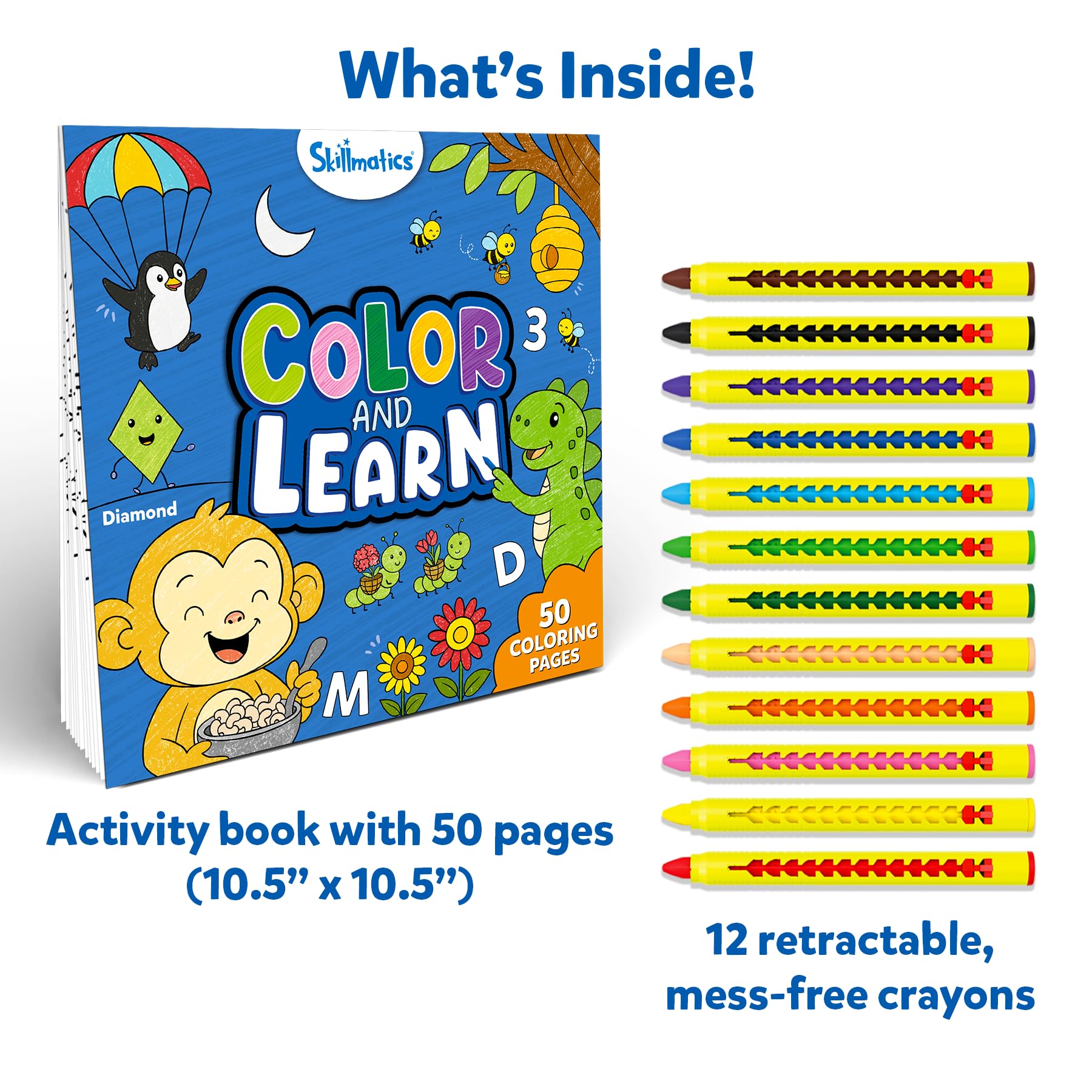 Skillmatics Colour & Learn Activity Book, Letters, Numbers, Phonics & Shapes, 12 Retractable Mess-Free Crayons & 50 Pages - Image 2