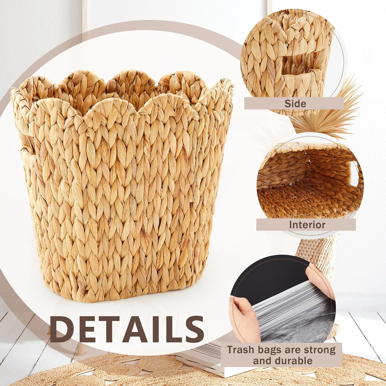 Ctosree 3.9 Gallons Scallop Shaped Woven Trash Can Wicker Waste Basket with Handles, Wicker Trash Can with 50 Small Garbage Bags for Home Bathroom, Office Kitchen, 12.6 x 11.8 x 7.09 Inch