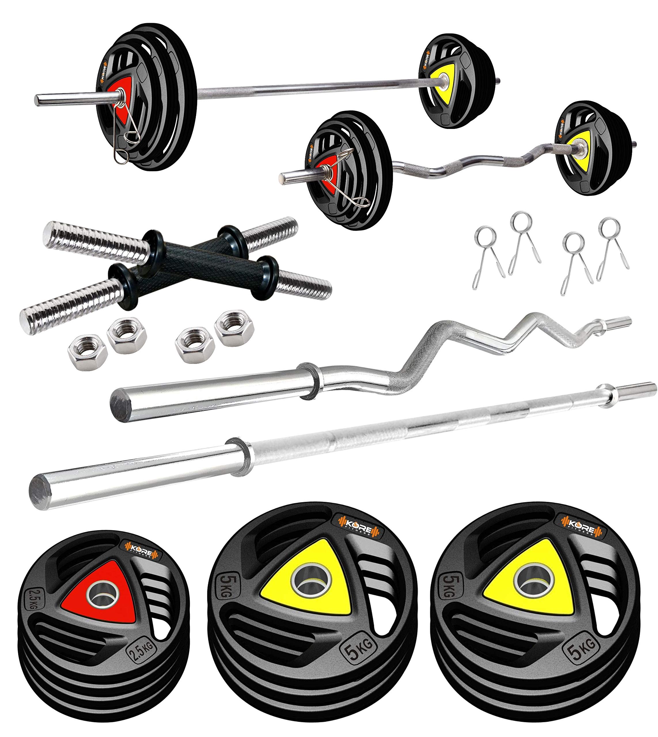 Kore Professional 40-KG Metal Integrated Rubber Plates Home Gym Set with One 3 Ft Curl + One 4 Ft Plain and One Pair Dumbbell Rods, Multicolor (B0917NZLG5) Amazon Price History, Amazon Price Tracker