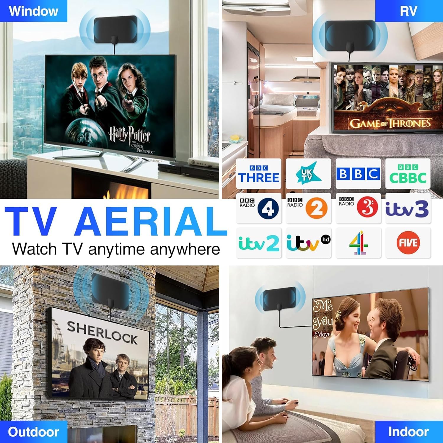 Powerfull, antenna TV da interni con amplificatore di segnale, antenna TV digitale per interni con segnale forte per TV Freeview, portata oltre 400 km, supporto HDTV 4K 1080p