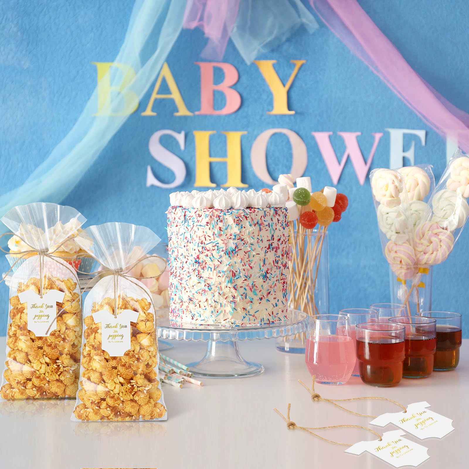 Motiskyy Zestaw 100 papierowych zawieszek z podziękowaniami na baby shower, 4 x 6 cm, dziękuję za przywieszki z jutowym sznurkiem na popcorn, torby na smakołyki na baby shower, przyjęcie urodzinowe