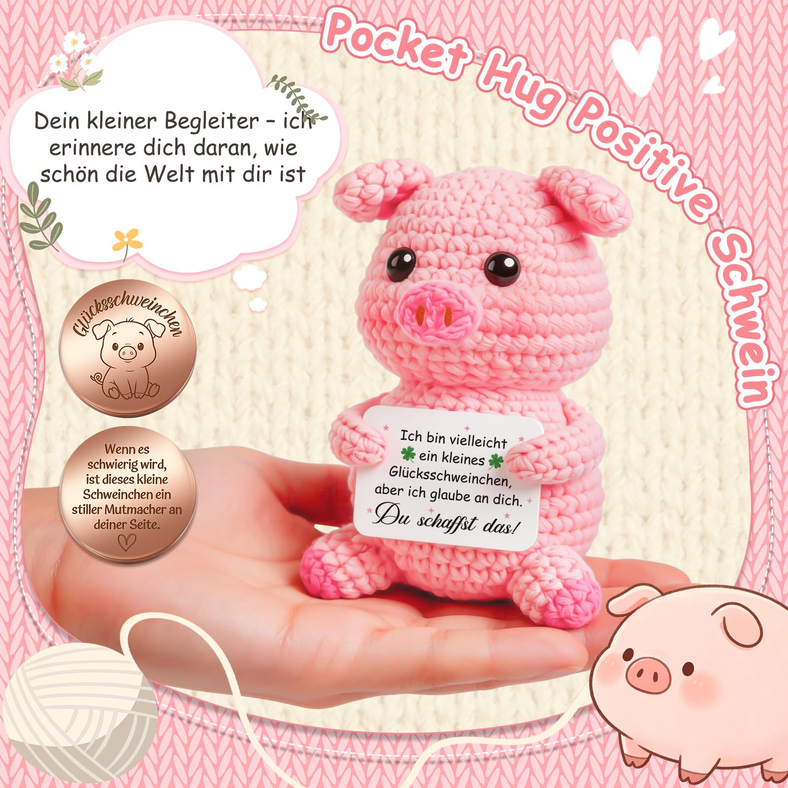 Giftota Pocket Hug Glücksschweinchen - Handgehäkelter Positive Schwein mit Glücksmünze & Lederetui - Gute Besserung Geschenk - Lustige Mutmacher Geburtstag Geschenkidee für Beste Freundin Schwester - 5