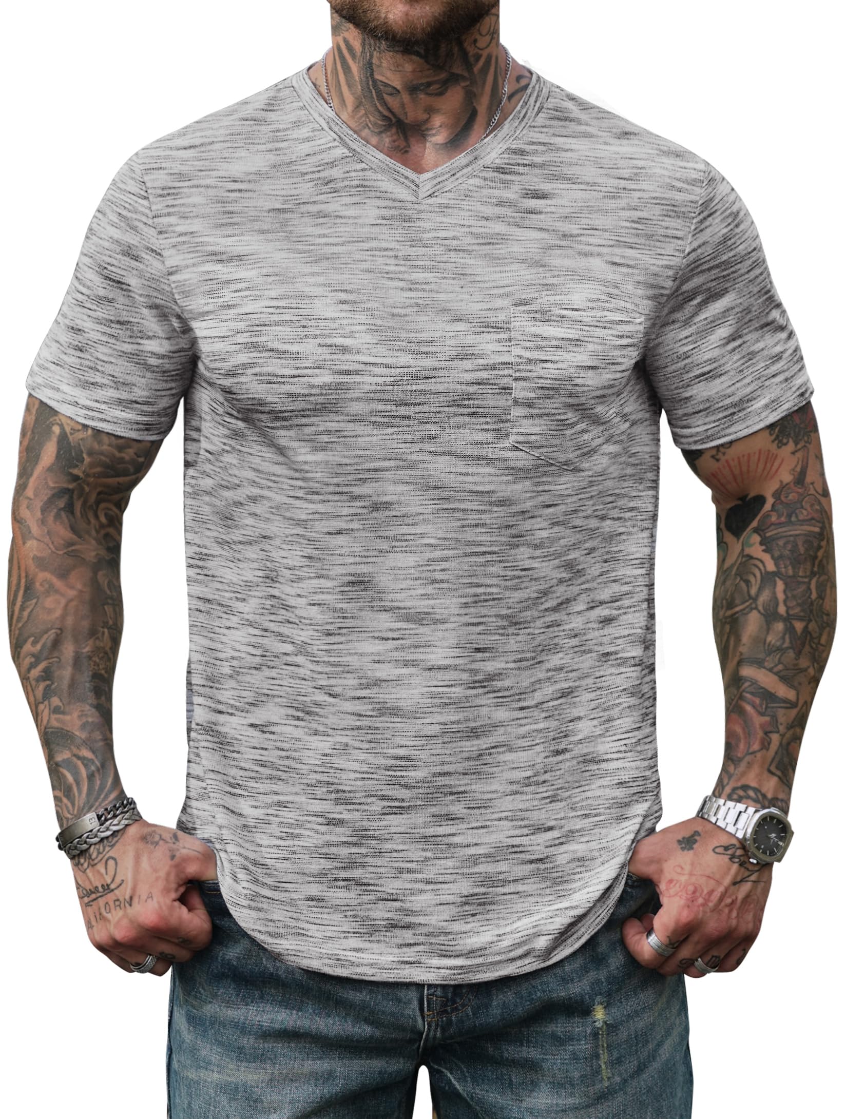 VOGSTART Men's V Neck T Shirts Casual Stylish Fitted Stretch Tee Shirt with Pocket (S-3XL)